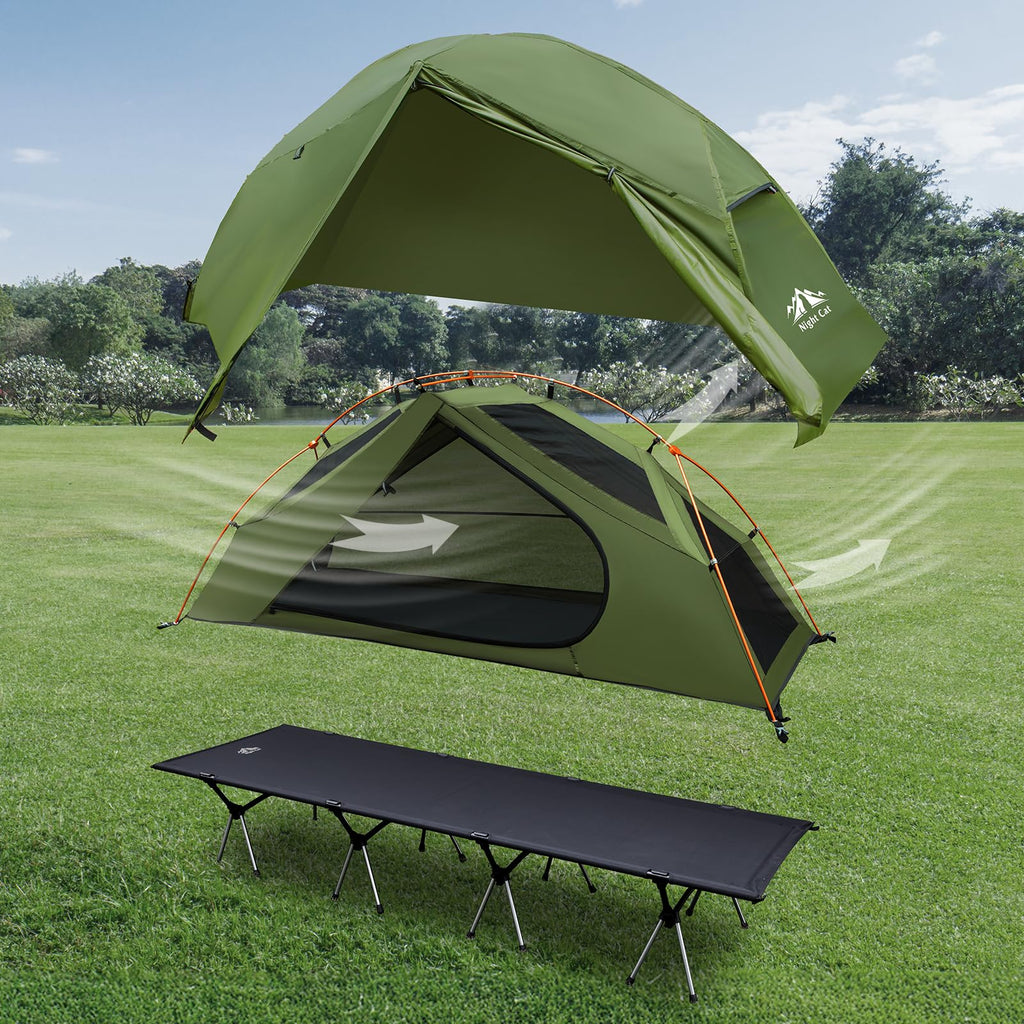 Night Cat Camping Cot Tent - Waterproof 1-Person Off-Ground Combo Cot Bed For Adults Portable Easy Set-Up Tent