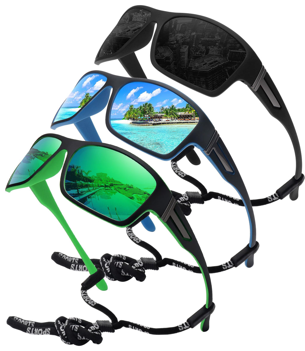 Storycoast Polarized Sports Sunglasses For Men Women Unbreakable Frame Cycling Fishing Driving 3Pack-Black+Blue+Green