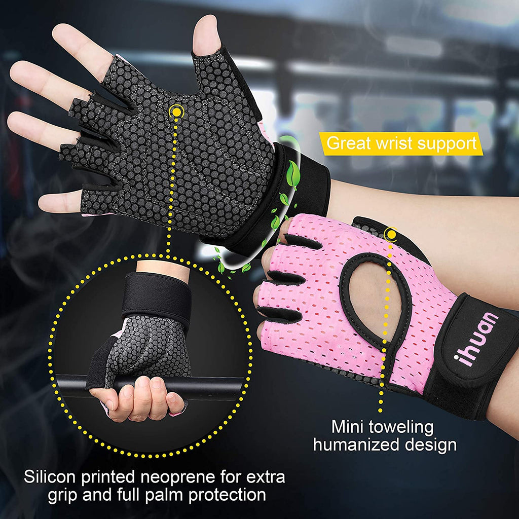 Ihuan Breathable Weight Lifting Gloves: Fingerless Workout Gym Gloves With Wrist Support  Enhance Palm Protection  Extra Grip Fo