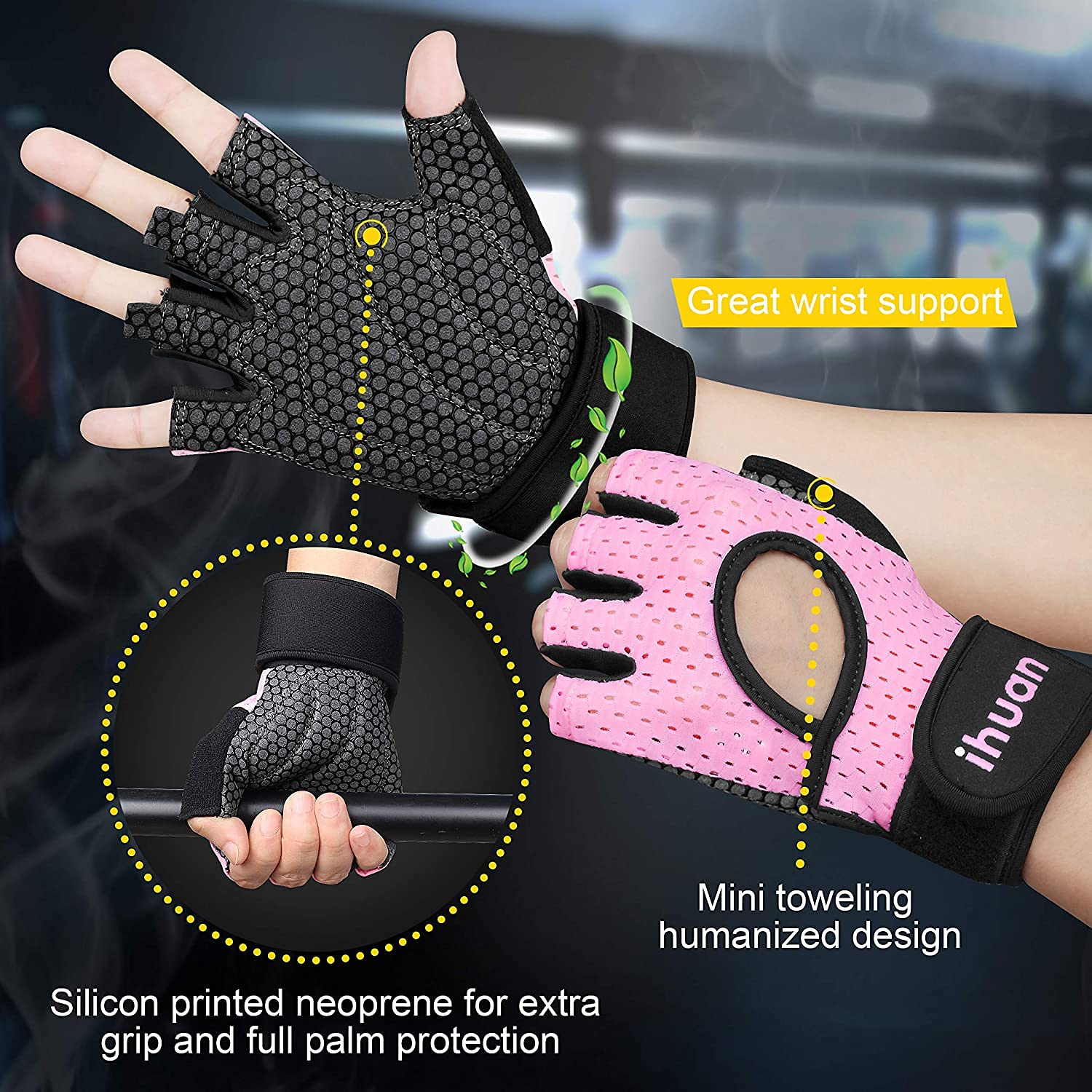 Ihuan Breathable Weight Lifting Gloves: Fingerless Workout Gym Gloves With Wrist Support  Enhance Palm Protection  Extra Grip Fo