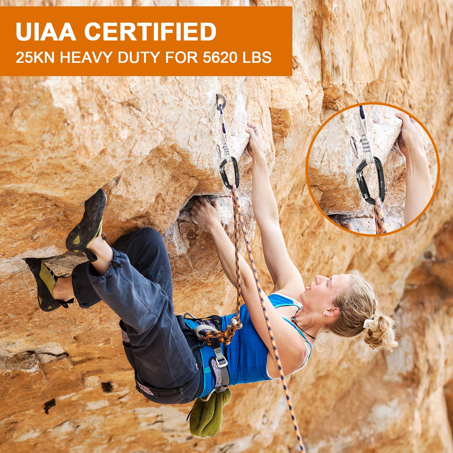 Locking Climbing Carabiners Heavy Duty - Favofit Uiaa Certified 25Kn (5620 Lbs) Rock Climbing Clips For Climbers - Large Caribea