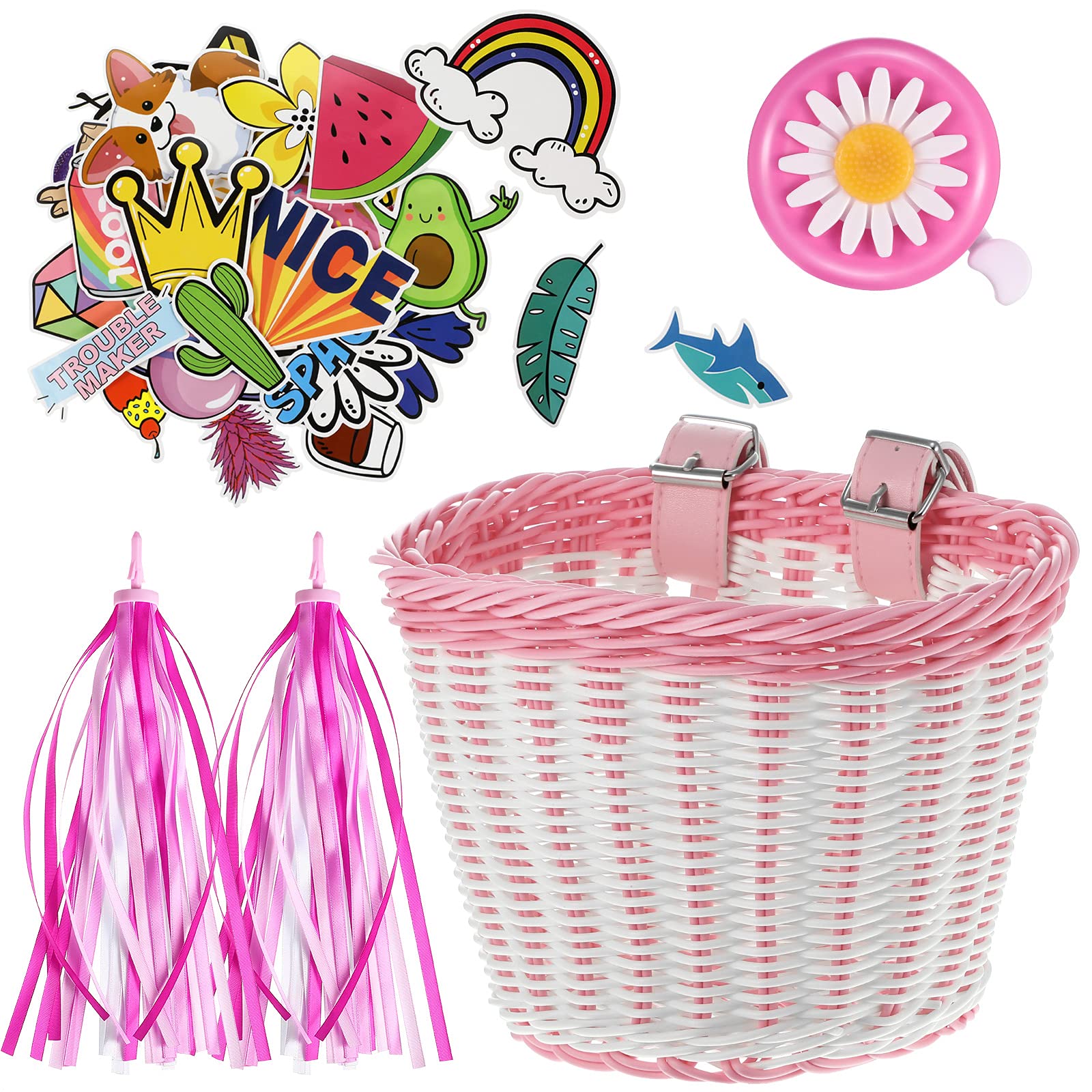 Boao Kid's Bicycle Basket Streamers Set, Unicorn Children's Bike Handlebar Wicker Basket Bike Streamers Bell and Stickers,Bike B