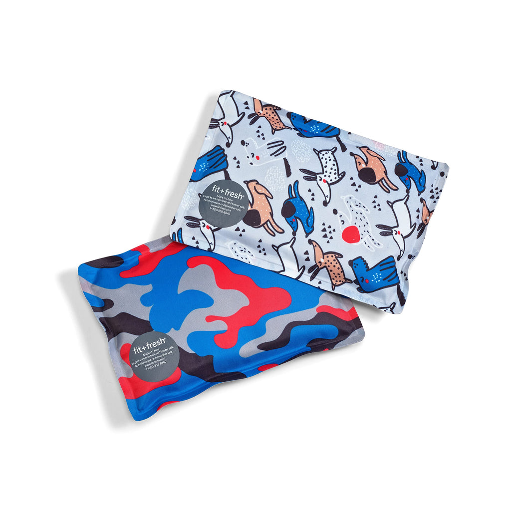 Cool Coolers By Fit & Fresh 2 Pack Soft Ice, Flexible Stretch Nylon Reusable Ice Packs For Lunch Boxes & Coolers, Happy Dogs