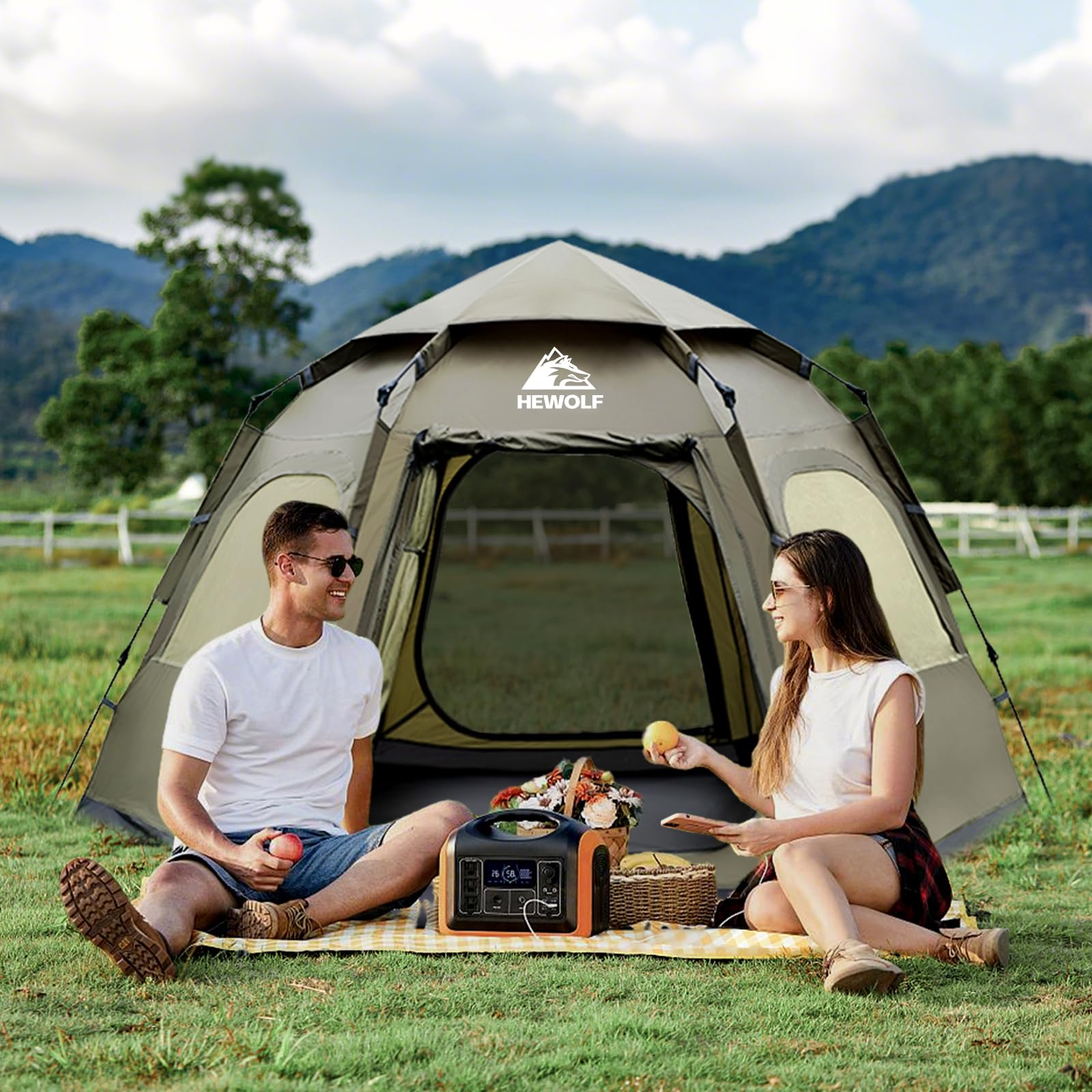 Hewolf 2/3/4 Person Camping Tent - Instant Pop Up Waterproof 2 Doors Tent With Easy Setup | 3-Season Hexagonal Dome Design For F