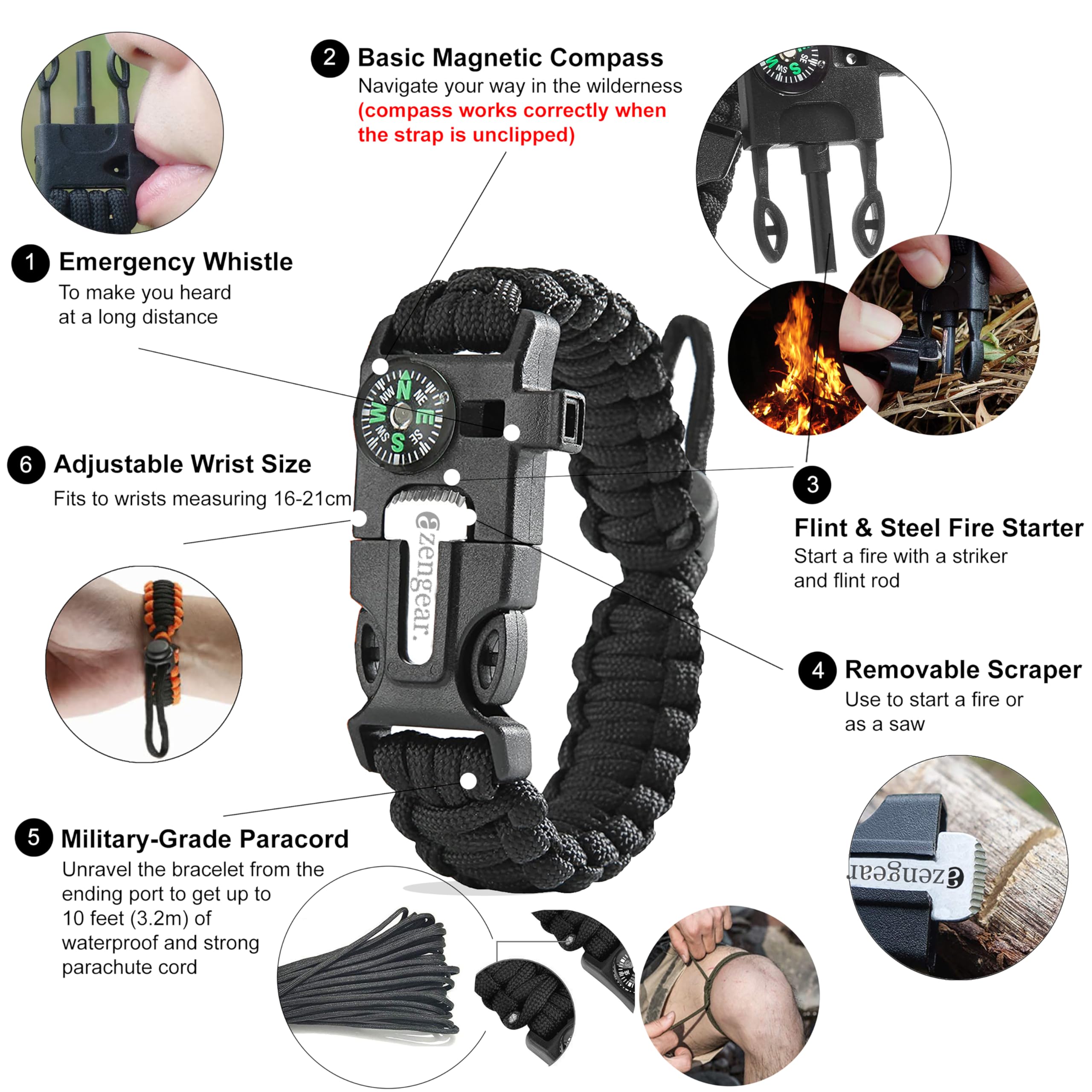 Paracord Survival Bracelets (Pair)  Flint & Steel Fire Starter, Whistle, Compass, Mini Saw  Adjustable Band Size For Camping, Bu