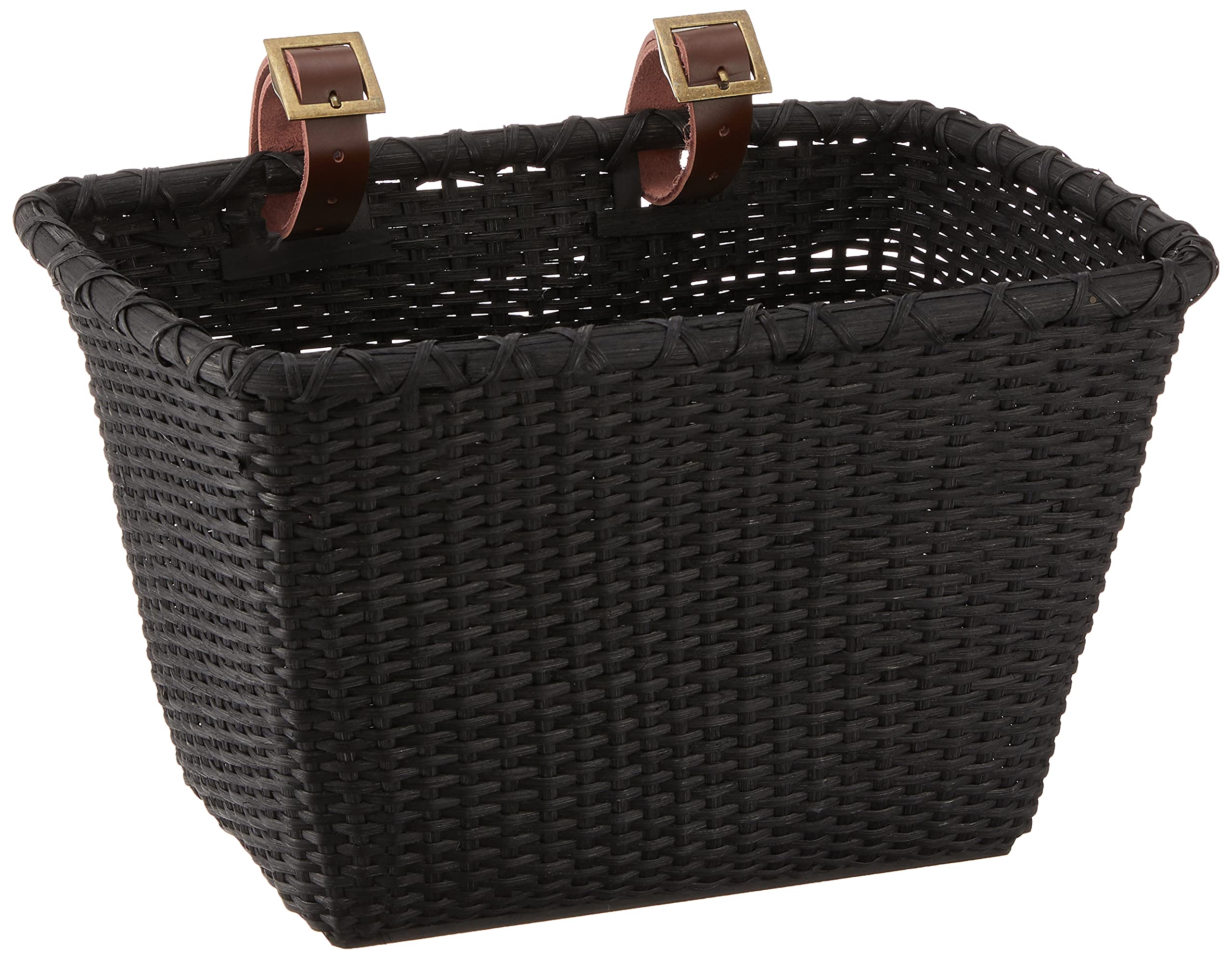 Retrospec Bicycle Cane Woven Rectangular Toto Basket with Authentic Leather Straps & Brass Buckles, 14L x 8.5W x 9H inches,Black
