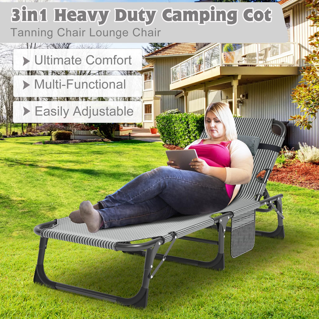 Aboron 5 Positions Camping Cots For Adults,Outdoor Folding Sleeping Cot/Mat,Folding Chaise Lounge Chair With Pillow,Portable Rec