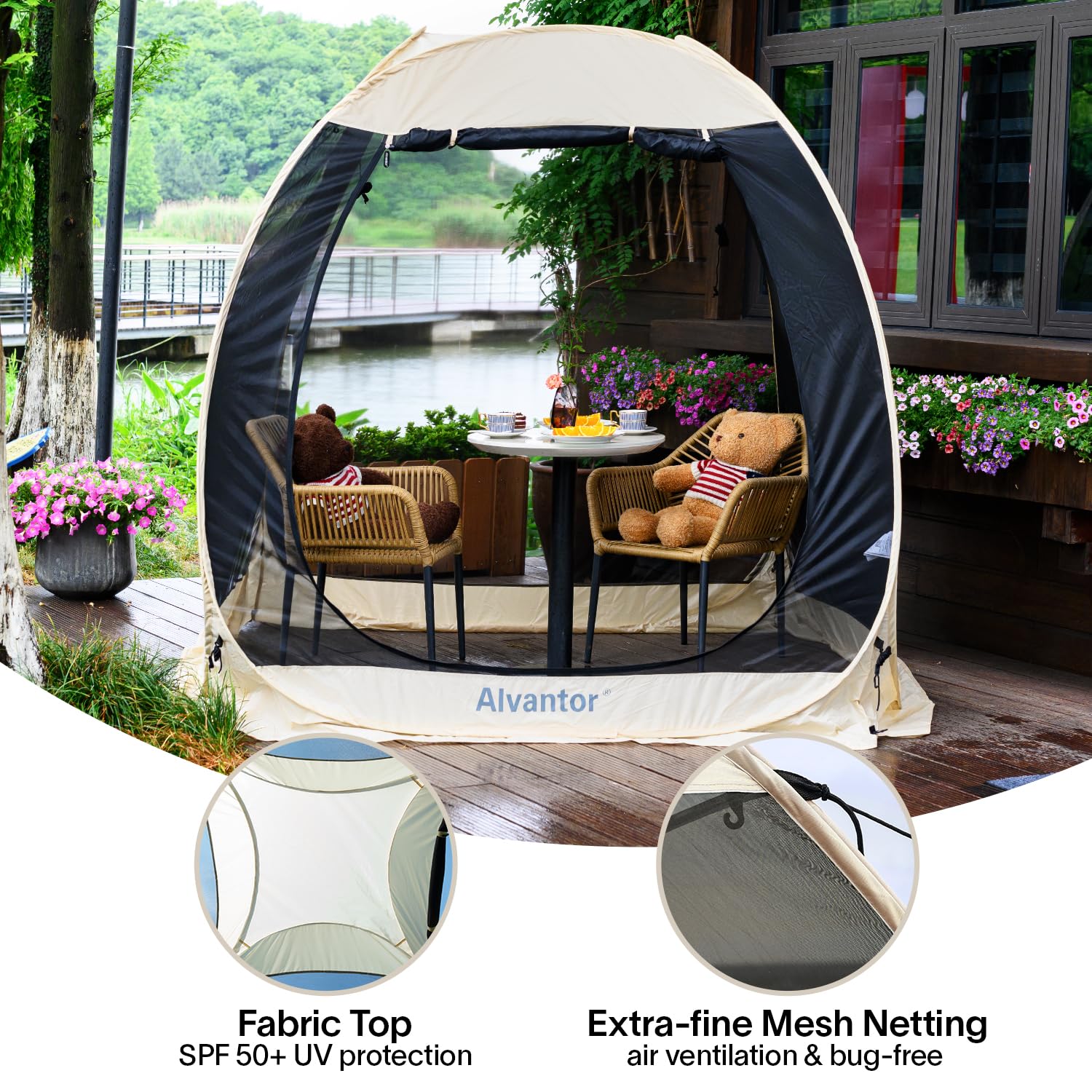 Alvantor Pop Up House Tent, Outdoor Canopy Tent With Uv Resistant, Easy Up Foldable Screen House For Camping Garden, Beige, 6 X6