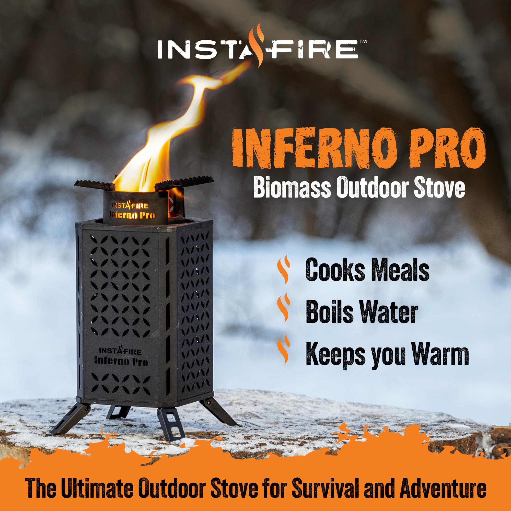 Inferno Pro Stove Outdoor/Indoor (Use Biomass, Fire Starter, Canned Heat) - Compact, Camping, Off-Grid, Emergency - By Instafire