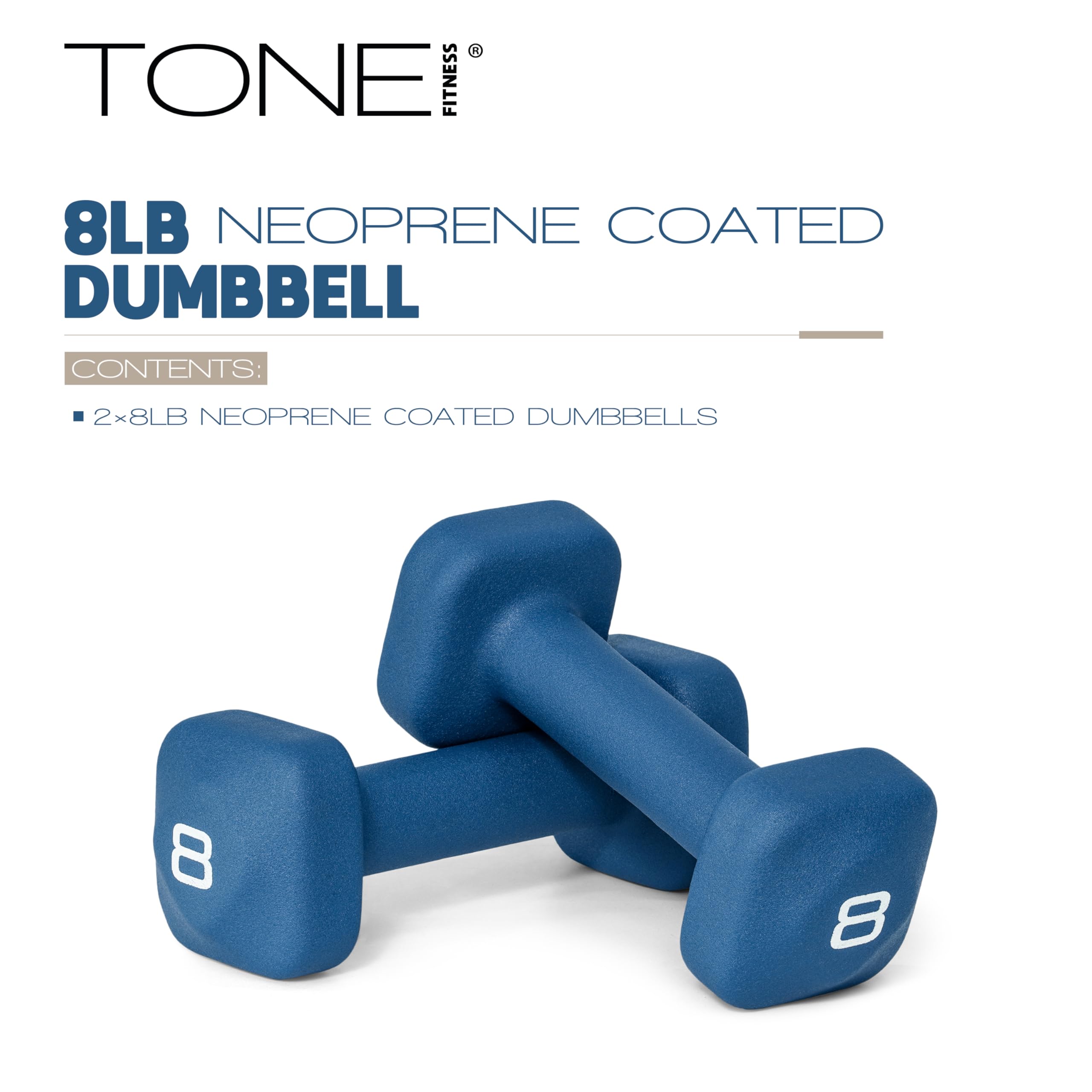 Tone Fitness 8 lb Neoprene Dumbbell Pair for Home Workouts - Non-Slip Design - Blue