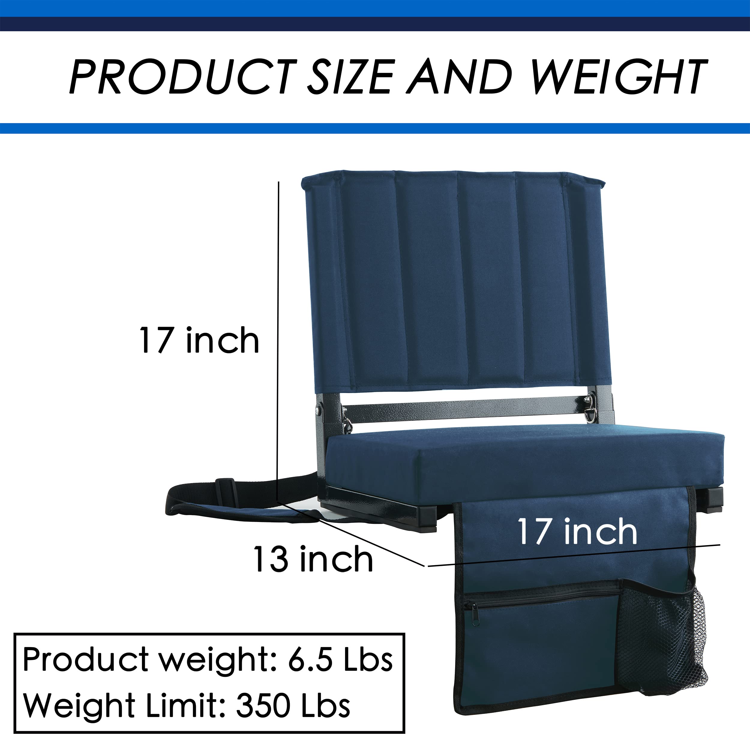 Sport Beats Navy Blue Stadium Seat For Bleachers With Back Support And Wide Padded Cushion Stadium Chair - Includes Shoulder Str