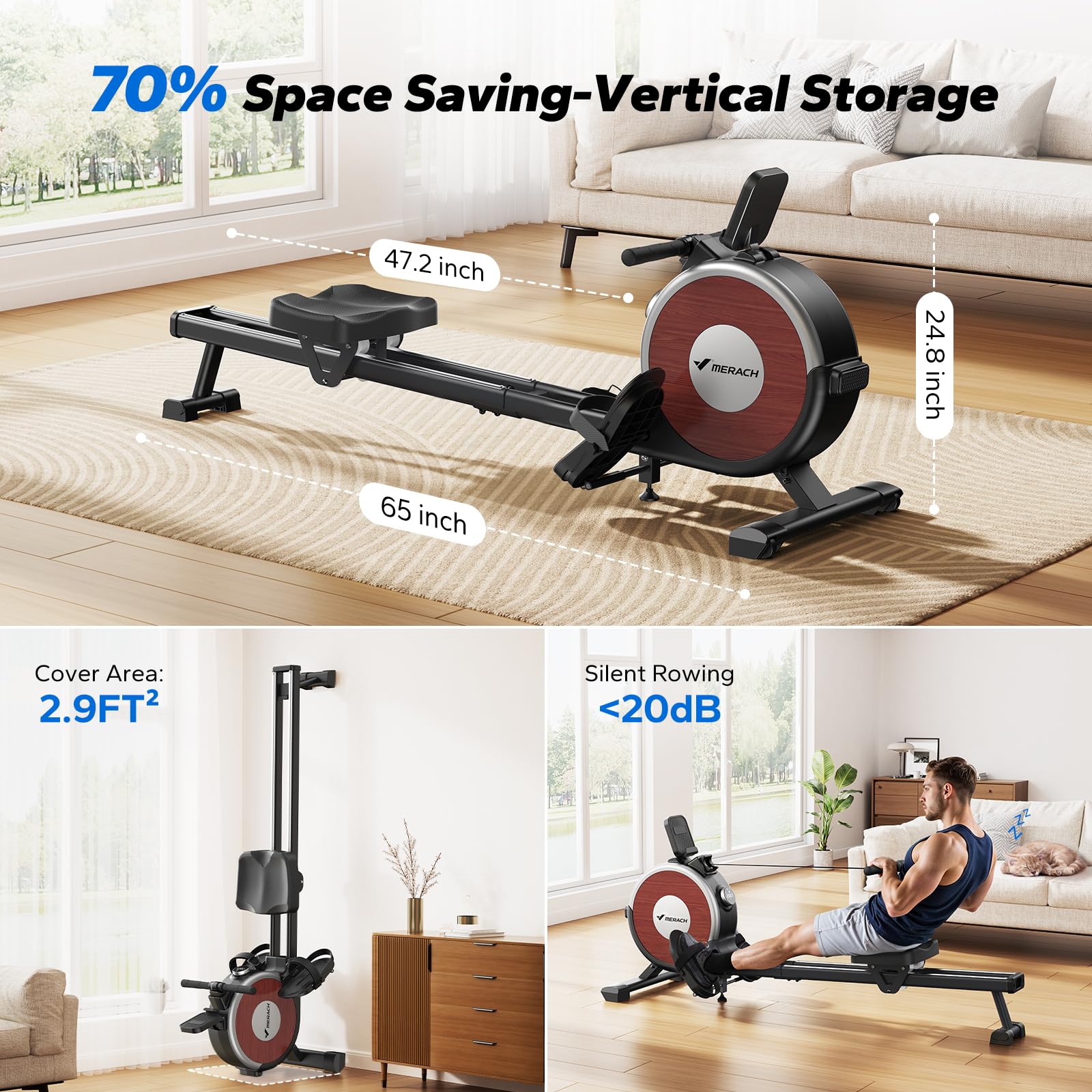 Rowing Machine, Merach Bluetooth Magnetic Rower Machine With Dual Slide Rail, 16 Levels Of Electromagnetic Resistance, Max 350Lb