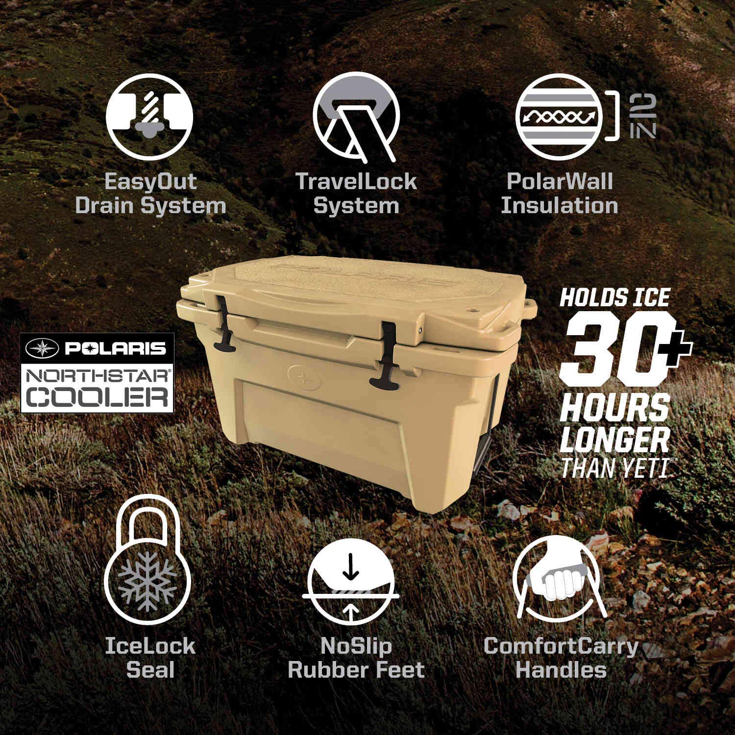 Polaris Northstar 60 Quart Cooler, Portable Ice Chest, Durable, Lockable, Keeps Ice Cold Longer, Easy To Carry, Tie-Down Cooler
