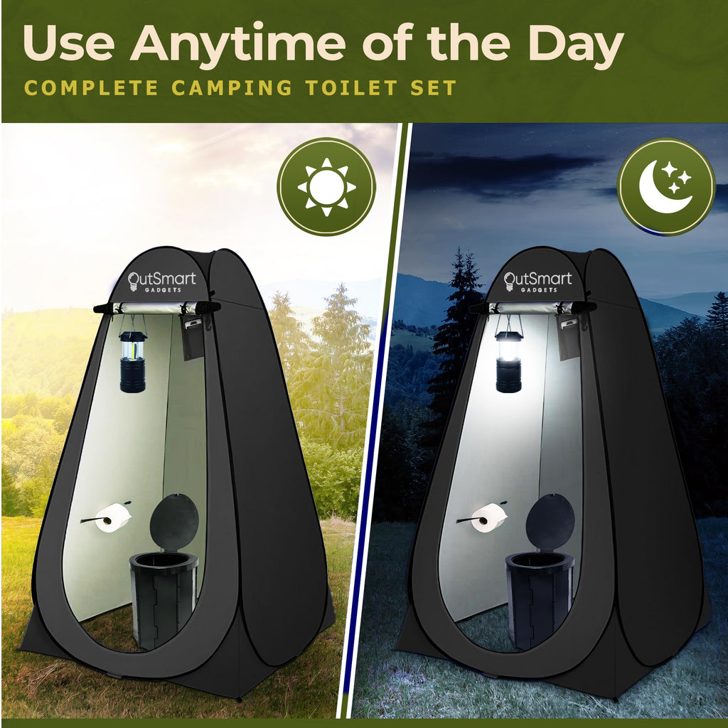 Outsmart Gadgets Outdoor Camping Toilet With Pop-Up Privacy Tent And Night Lantern, Portable Toilet Set For Comfortable Camping