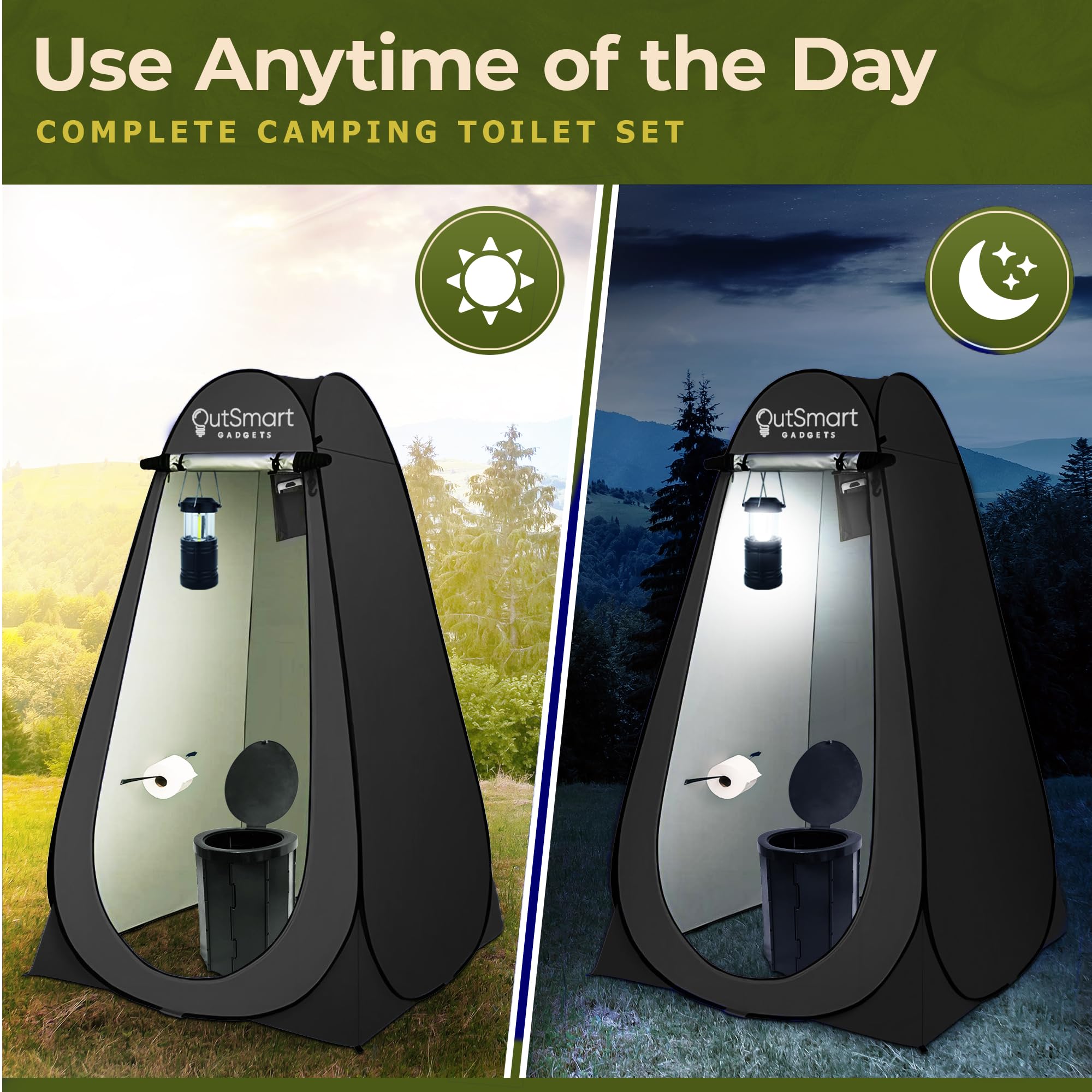Outsmart Gadgets Outdoor Camping Toilet With Pop-Up Privacy Tent And Night Lantern, Portable Toilet Set For Comfortable Camping