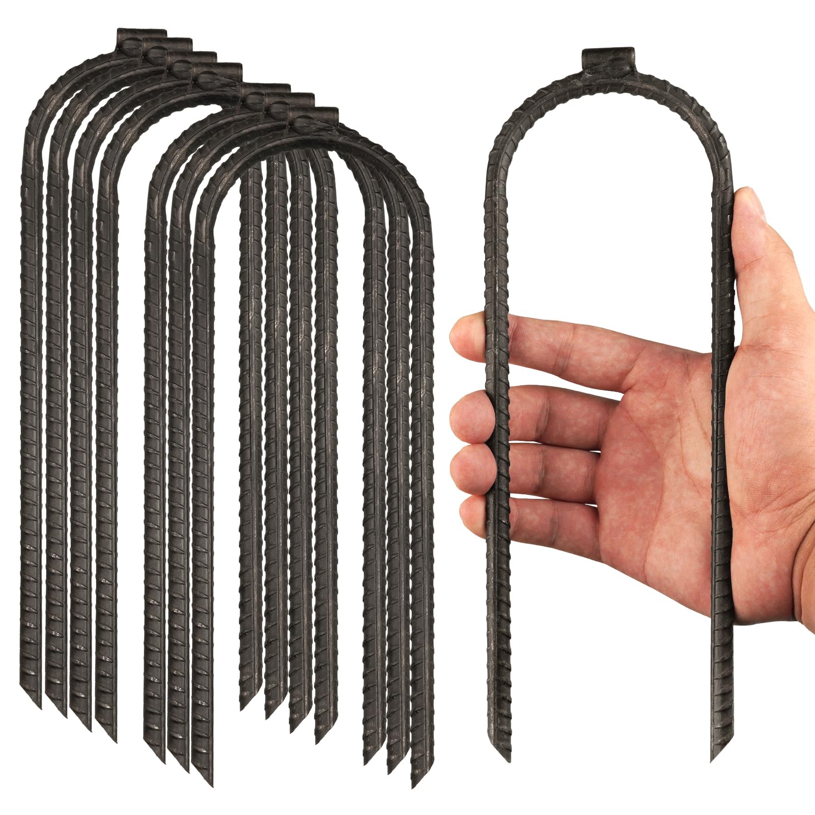Extra-Large 10''X3'' Heavy Rebar Trampoline Wind Stakes Safety Ground Anchor - Duty Steel U Stakes - Black