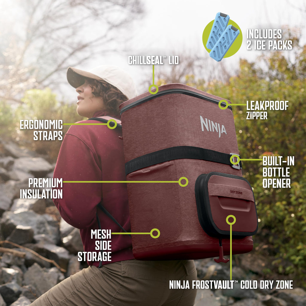 Ninja | Backpack Cooler | Frostvault Go 36 Can Soft Cooler | Leakproof Zipper With Built In Can Opener, 2 Ice Packs & Dry Storag
