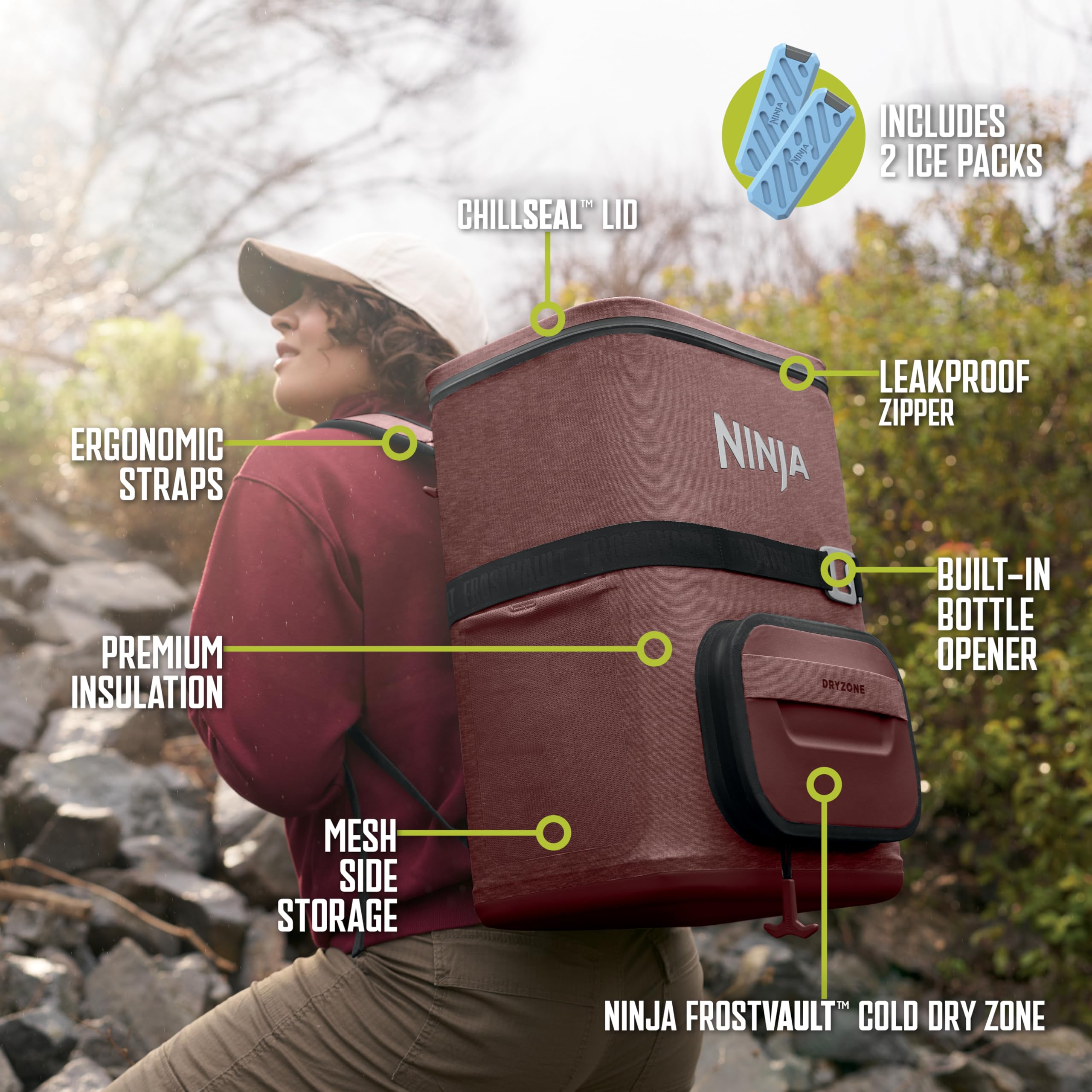 Ninja | Backpack Cooler | Frostvault Go 36 Can Soft Cooler | Leakproof Zipper With Built In Can Opener, 2 Ice Packs & Dry Storag