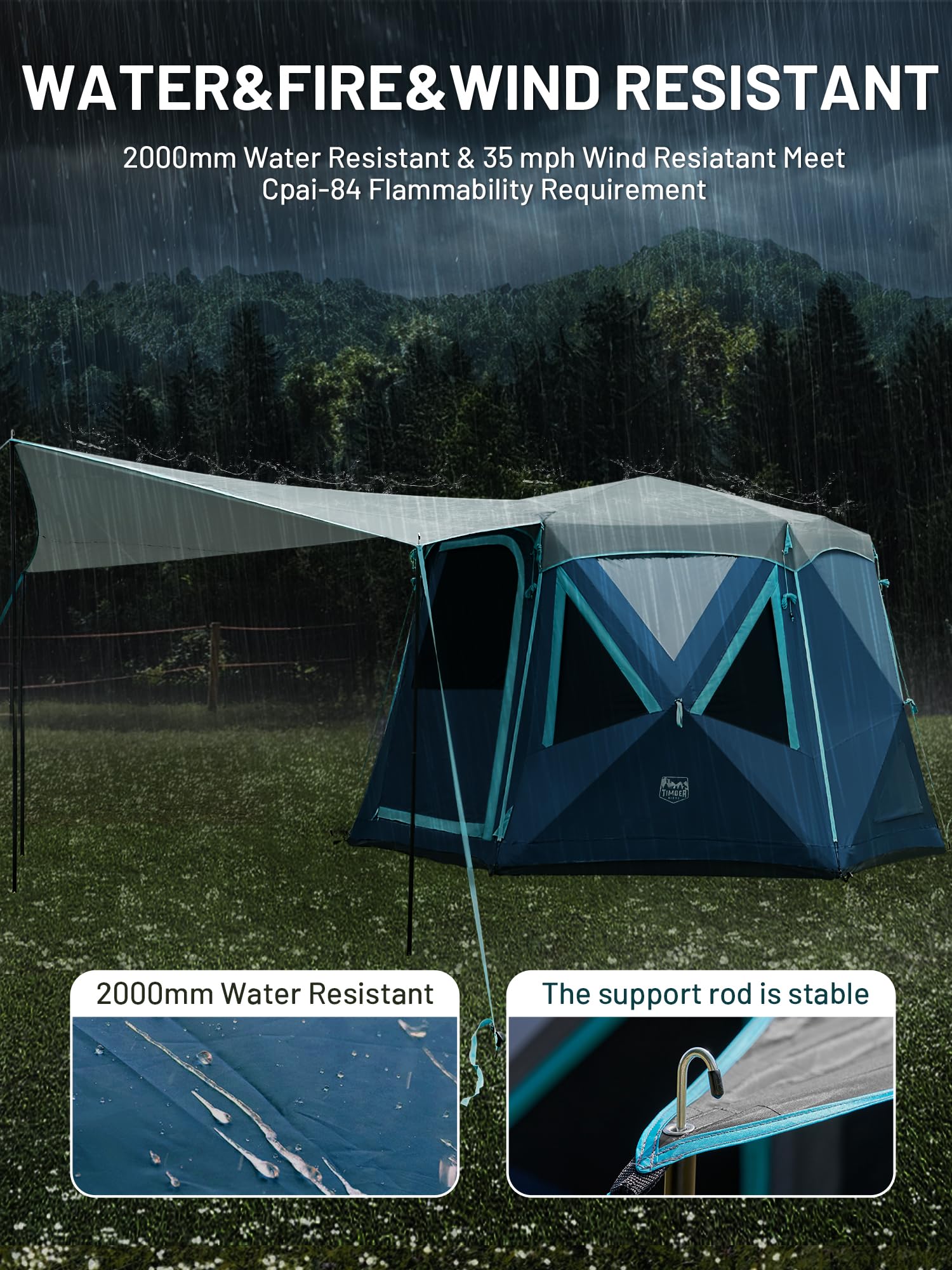 Timber Ridge 4-6 Person Pop Up Hub Tent, Easy 60 Second Setup, Weather Resistant Camping Family Cabin Tent With Rain Fly And Whe
