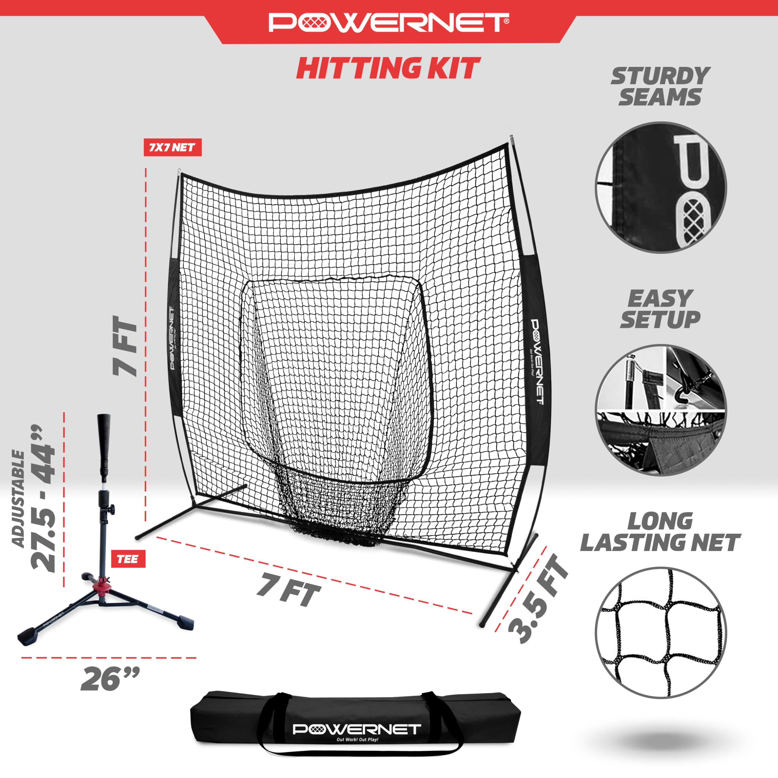 Powernet Baseball Softball Practice Net 7X7 With Travel Tee  Practice Hitting, Pitching, Batting, Fielding  Portable Backstop (B