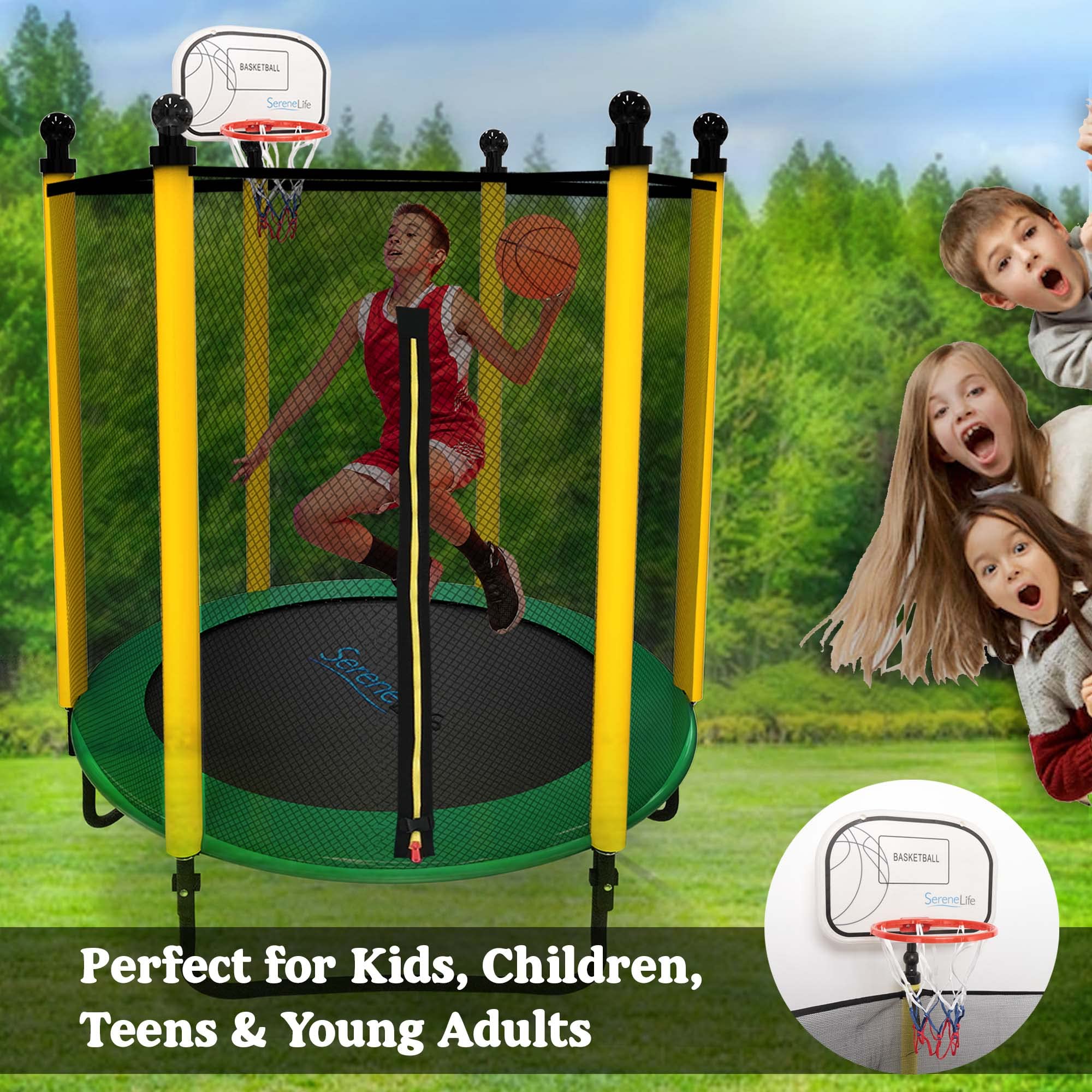 SereneLife 5FT Outdoor & Indoor Trampoline for Kids - Durable Mini Toddler Trampoline with Net Enclosure & Basketball Hoop - Sup