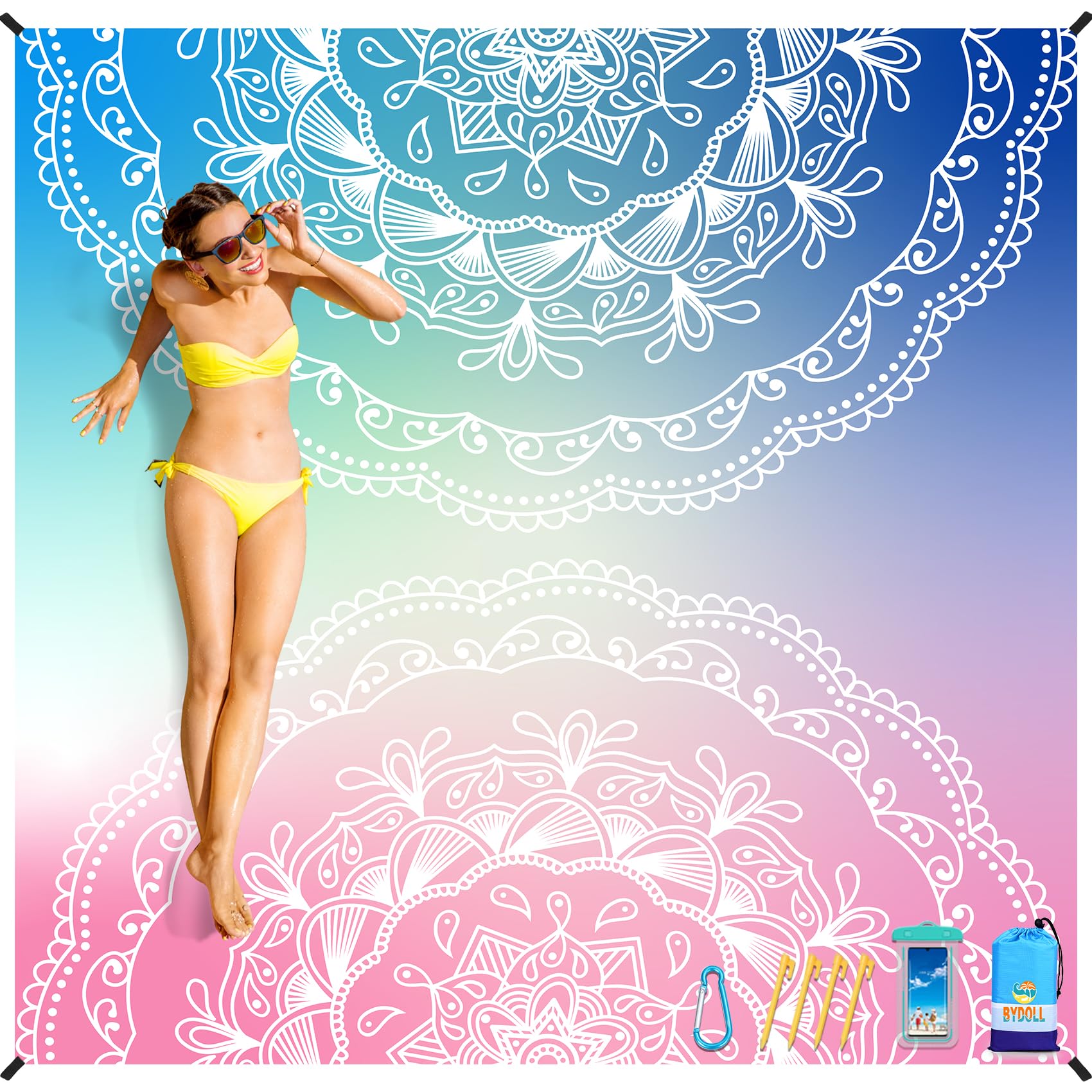 BYDOLL Beach Blanket Waterproof Sandproof 78''  81'' Suits1-4 Adults Compact Lightweight Oversized Sand-Free Blanket Large Picni