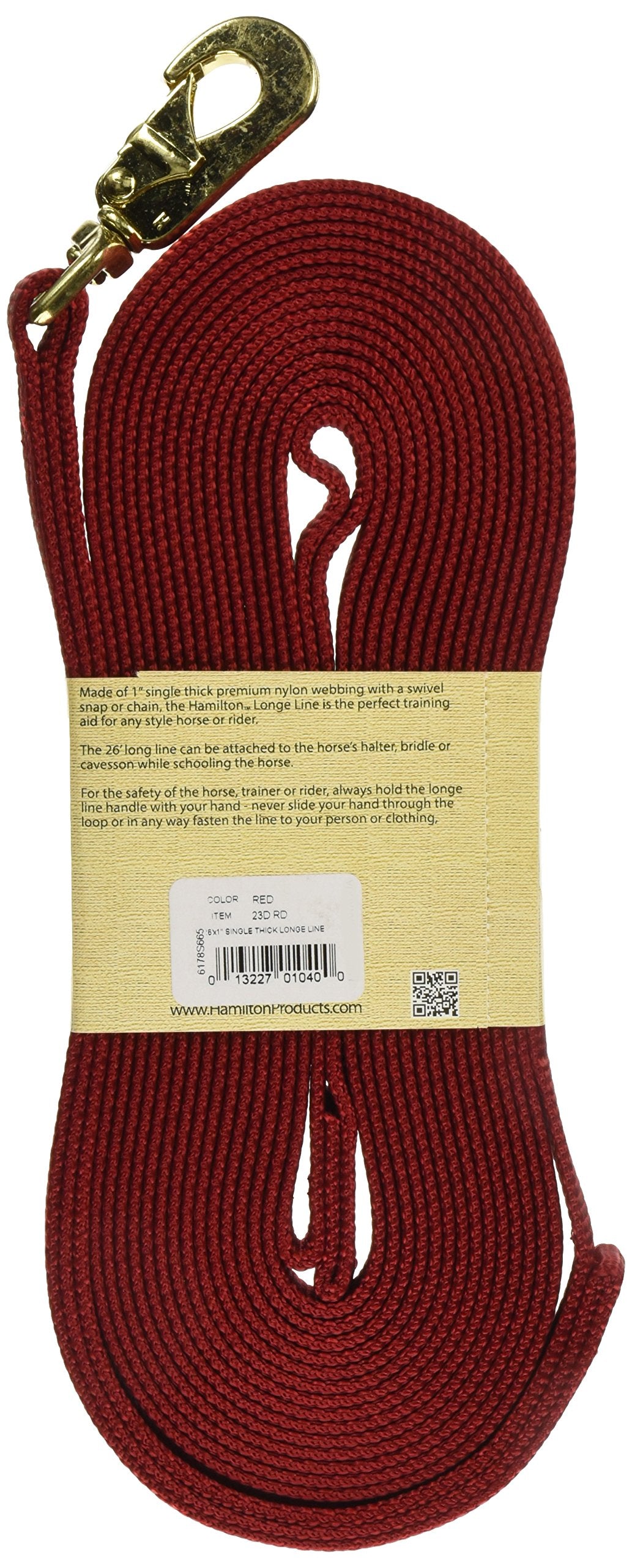 Hamilton Single Thick Nylon Horse Longe Line With Swivel Snap, 1-Inch/26-Feet, Red