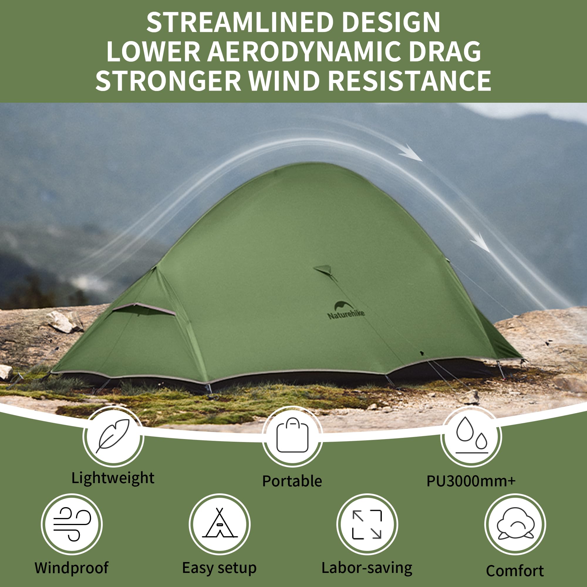 Naturehike Cloud Up Pro Backpacking Tent, Double Layer Waterproof 2 Person Tent With Footprint, Free Standing Lightweight Two Pe