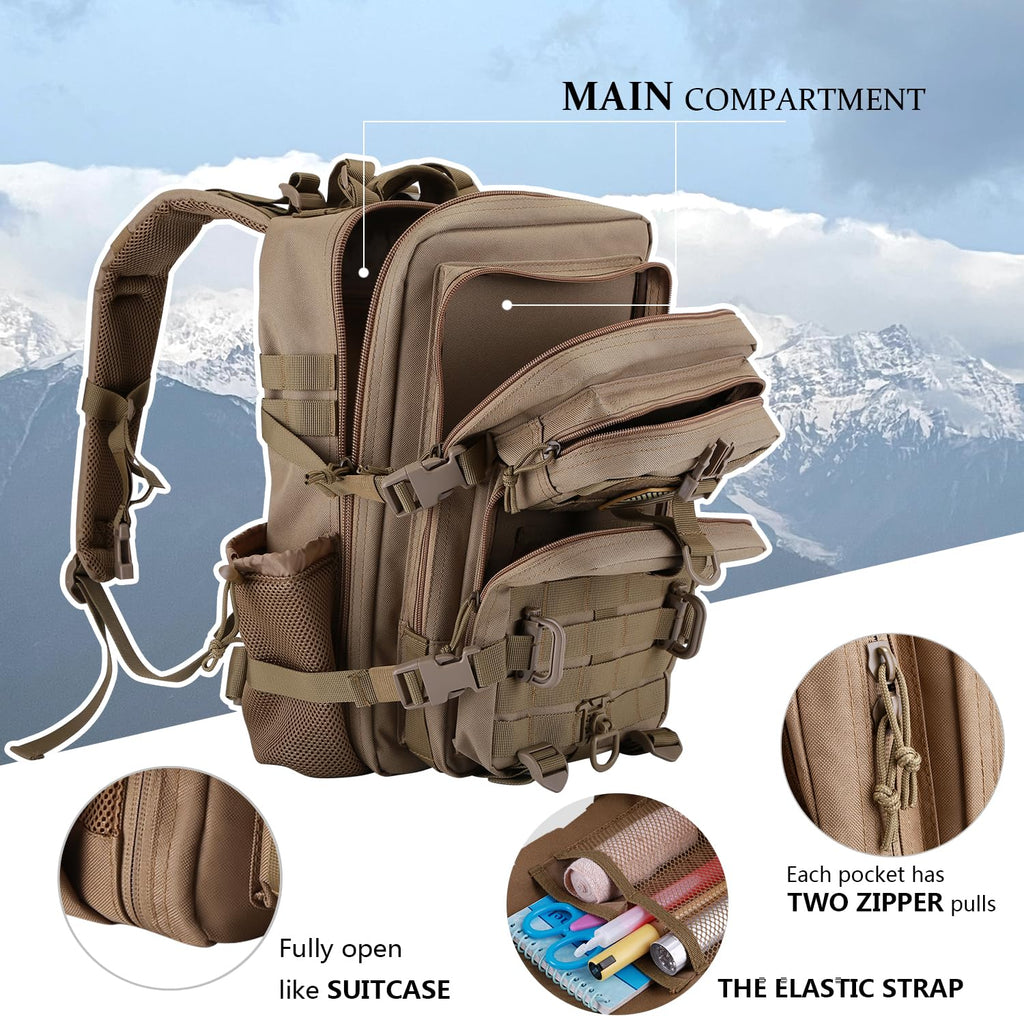 Hannibal Tactical 30L Molle Assault Pack, Tactical Backpack Military Army Camping Rucksack With Bottle Holder, 3-Day Pack, Khaki