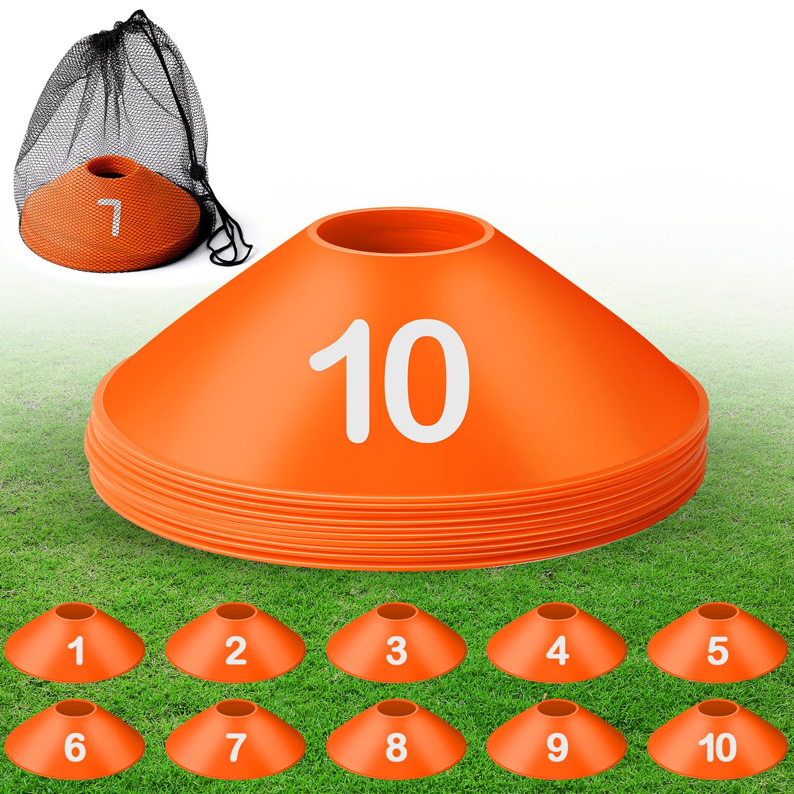 Relaxgiant 10 Pcs Numbered Sports Disc Cones 1-10 Soccer Cones with Mesh Carry Bag Flexible Agility Cones Soft Field Cones for G