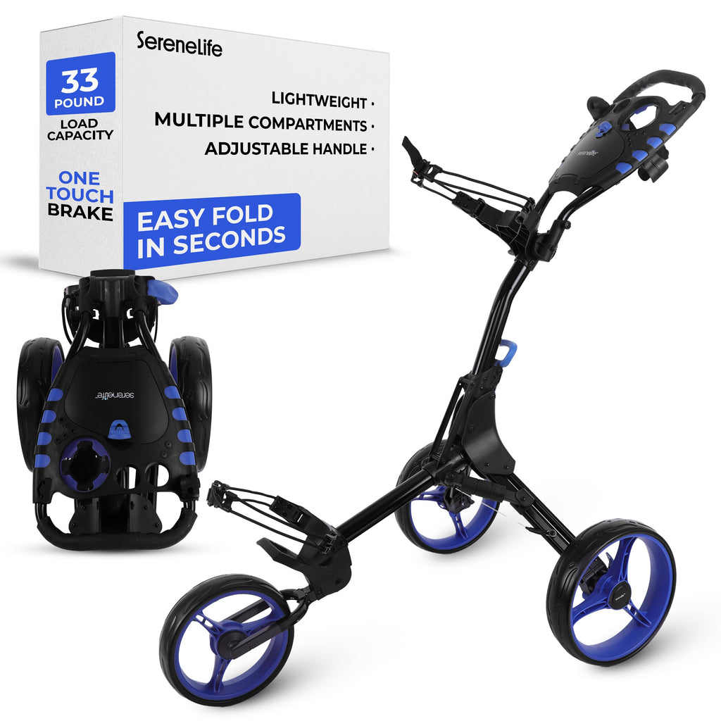 SereneLife Golf Push Cart 3 Wheel, Ultra Lightweight Aluminum Foldable Cart with Adjustable Handle, Quick-Fold, New-Version Scor
