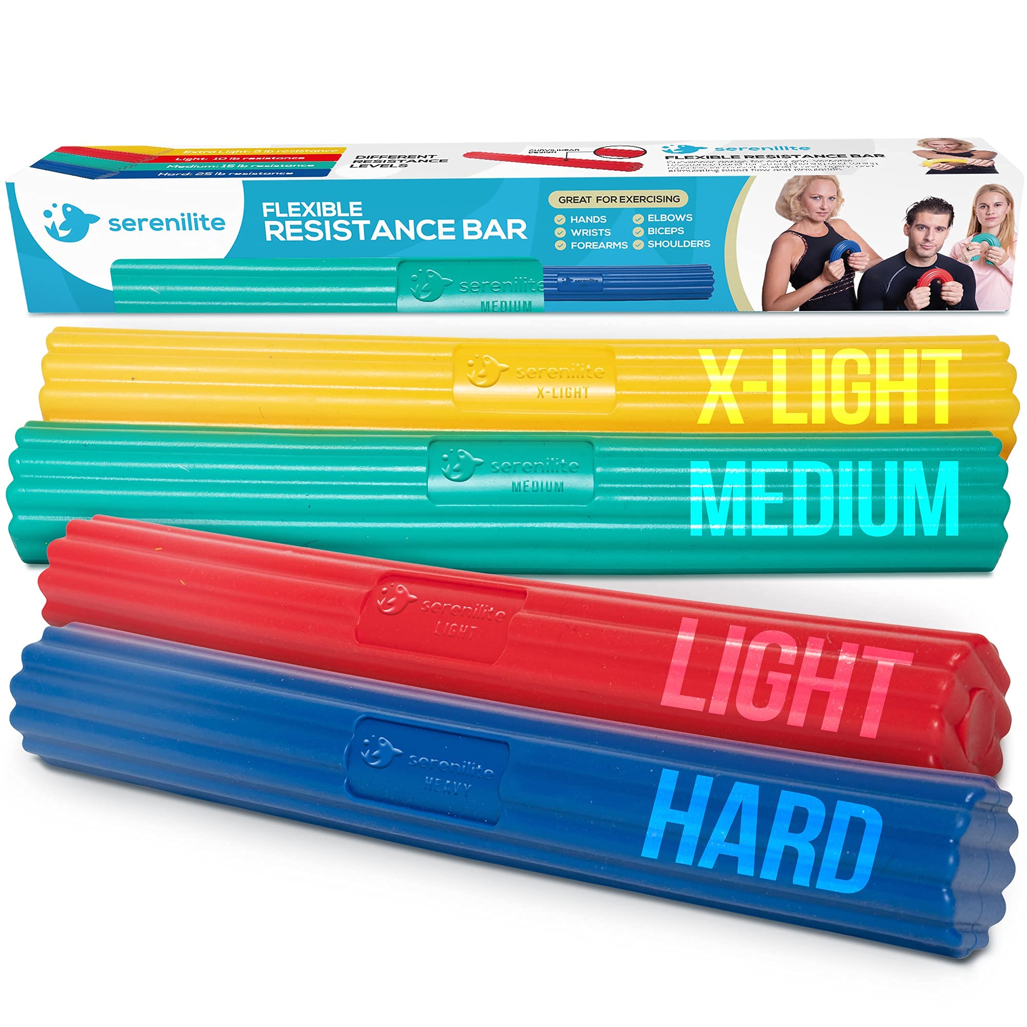 Serenilite Flexible Resistance Bar For Physical Therapy & Tennis Elbow Relief, 4-Pack, Hand Exercise Tool, Resistance Bars For T