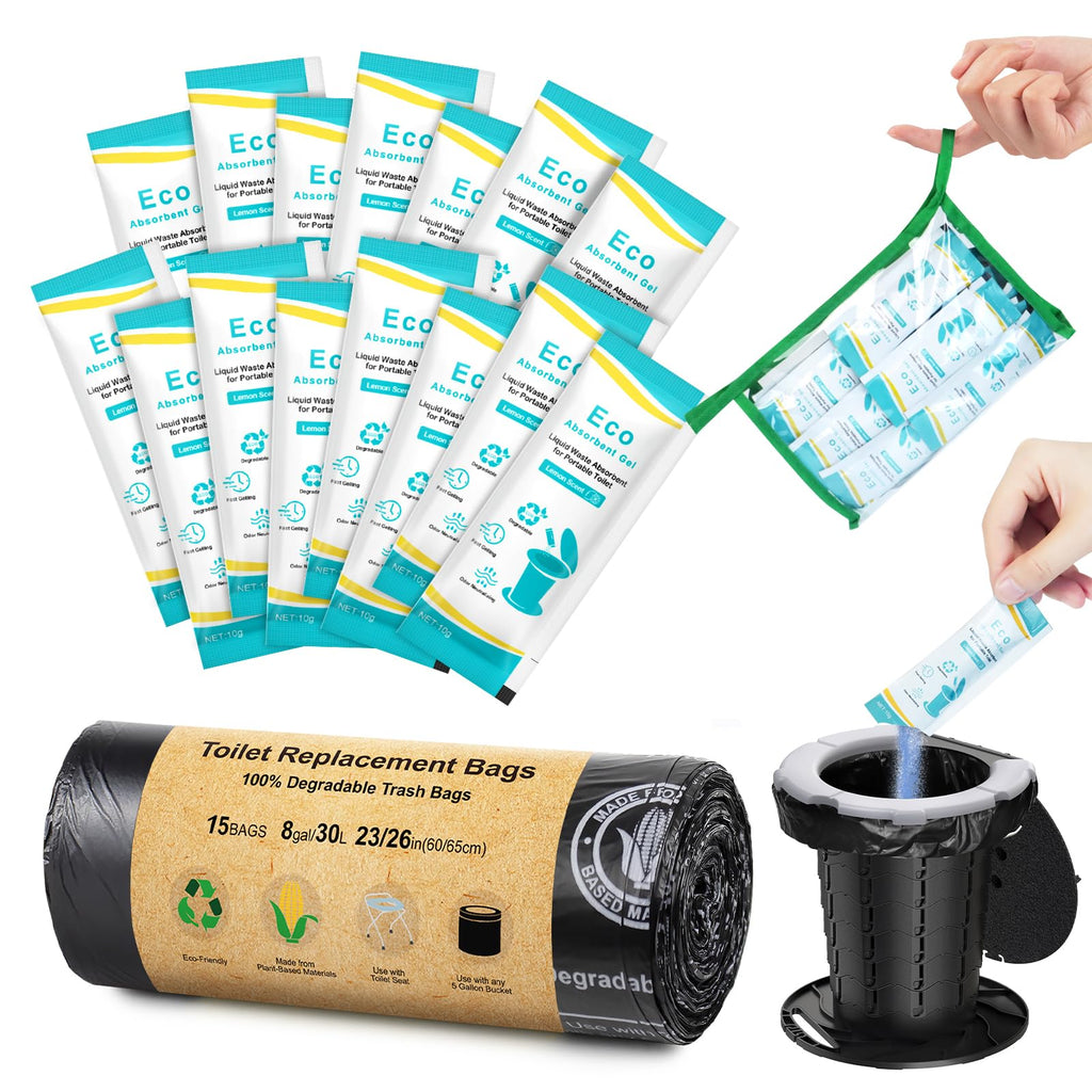 Blika 15 Count Camping Toilet Bags Eco Absorbent Gel Set, Portable Toilet Bags With Gel, 8 Gallon, 30 Liter, Heavy Duty 1 Mil, T