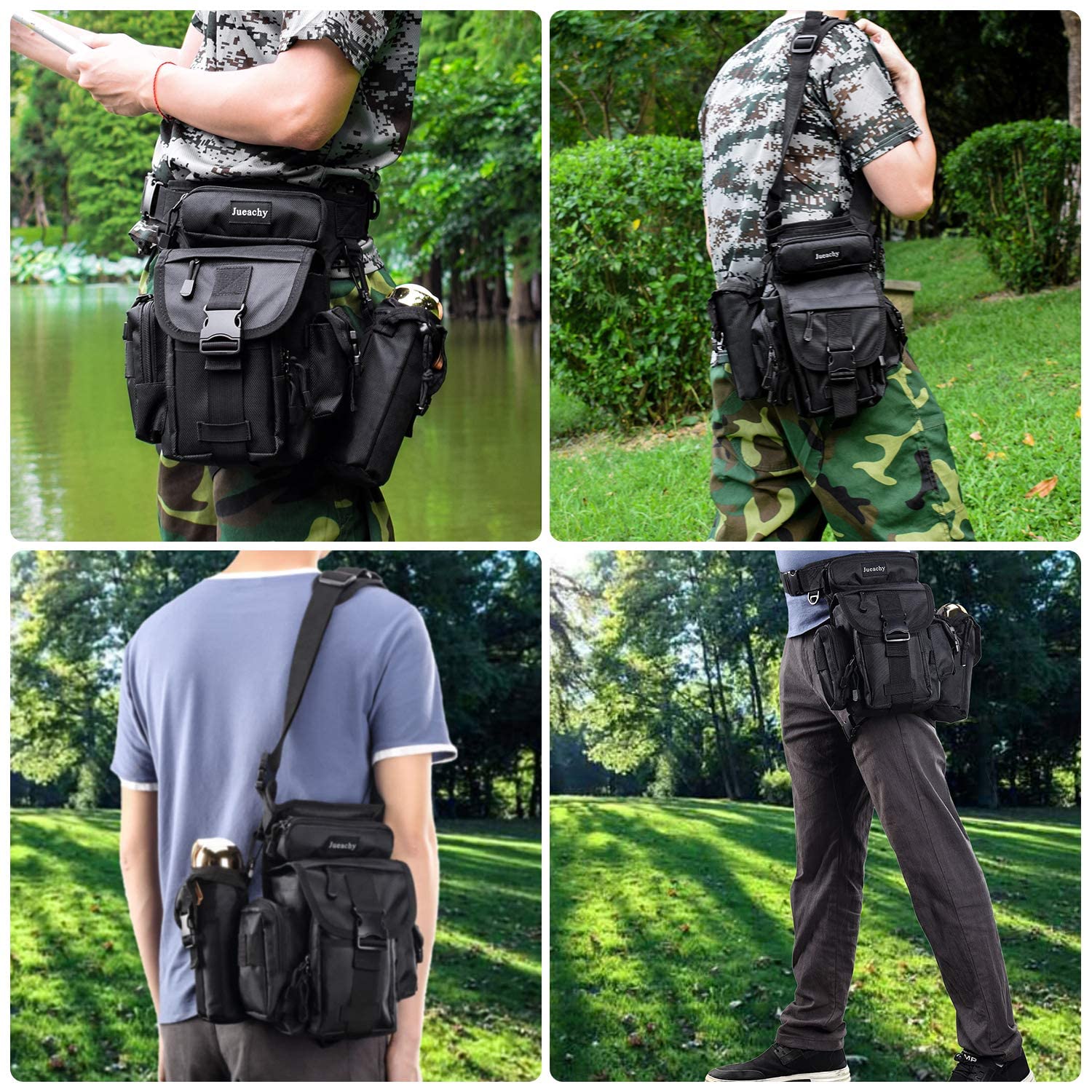 Jueachy Drop Leg Bag For Men Tactical Metal Detecting Thigh Pack With Water Bottle Pouch Black