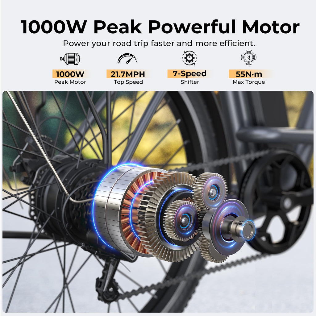 Funhang Electric Bike For Adults, 1000W Peak Ebike, 21.7Mph 50Miles City Cruiser Ebikes, 26 Step Thru Electric Bicycle With 48V