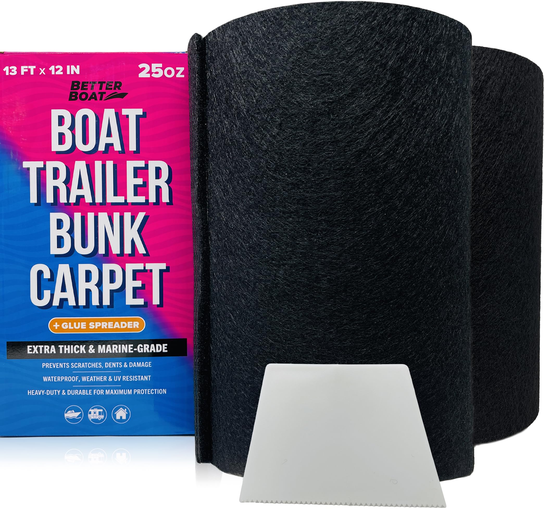 Boat Trailer Bunk Carpet Black, 13ft x 12in Roll, 1/4 Extra Thick Marine Grade, Replacement for Bunk Boards and Runners, Glue Sp