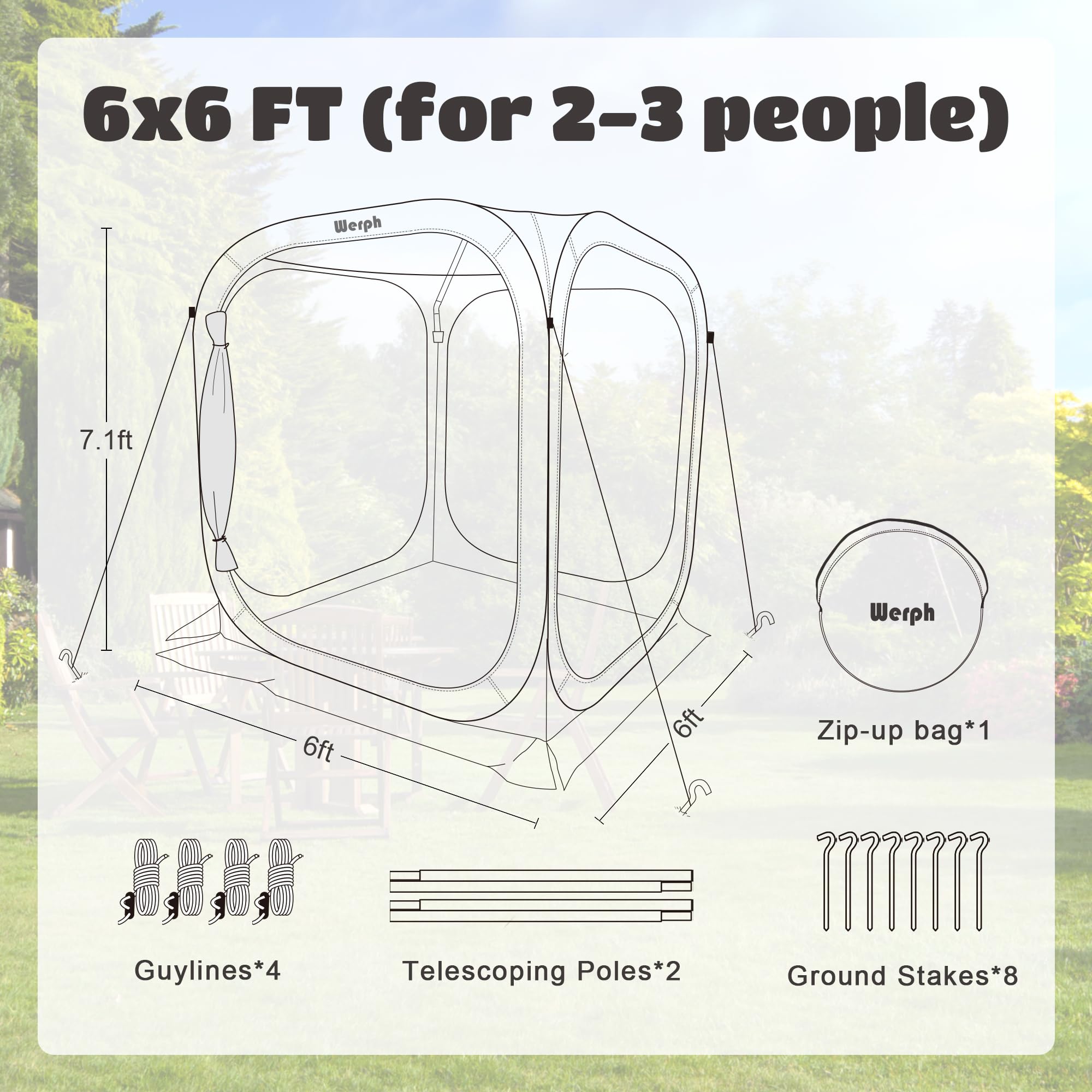 Werph Pop Up Tent,Portable Canopy Tent with Mesh Mosquito Net, Screen House Room Canopy Shade Screen 6 x 6 FT with Carry Bag for