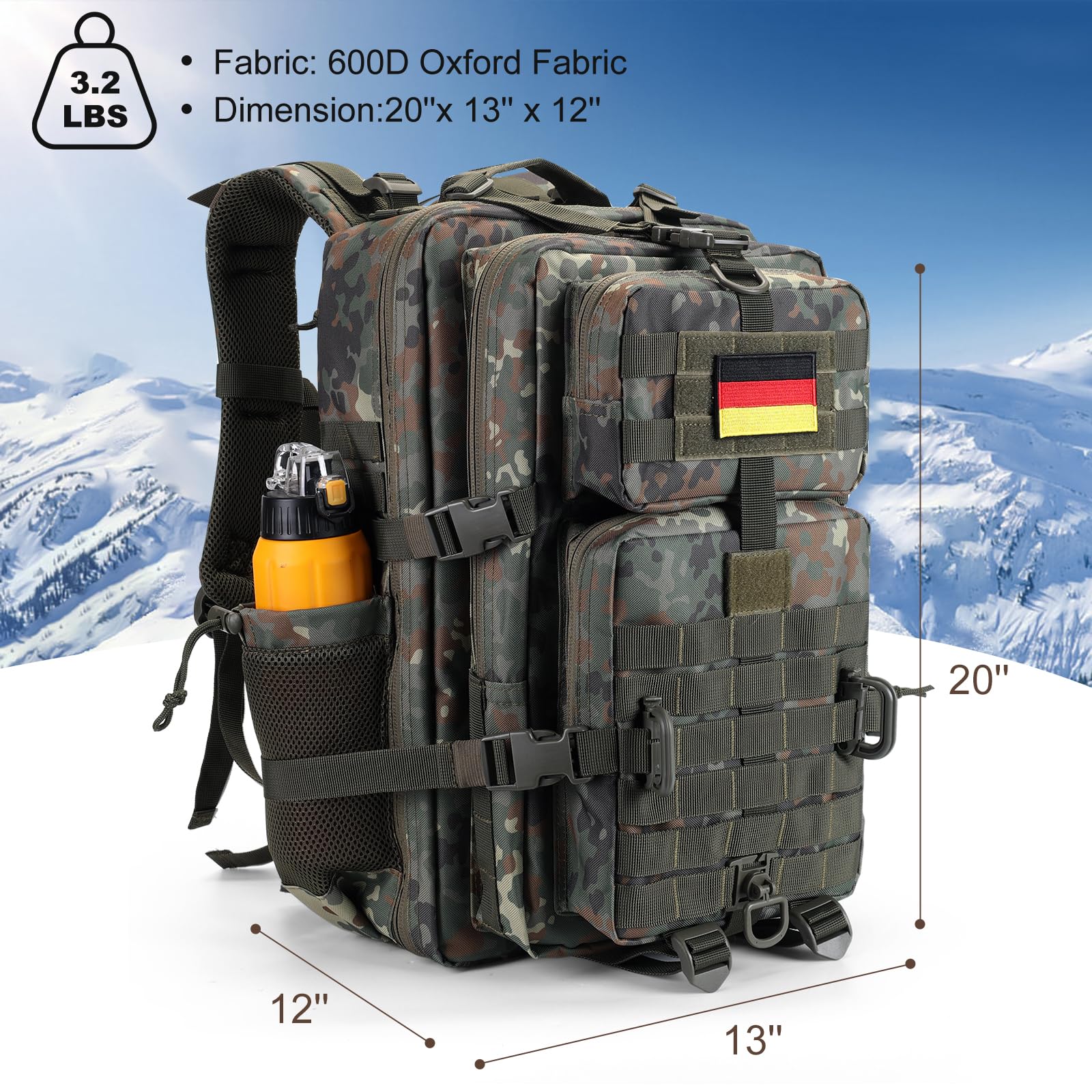 Hannibal Tactical 45L Molle Assault Pack, Tactical Backpack Army Military Camping Rucksack With Bottle Holder, 3-Day Pack Travel