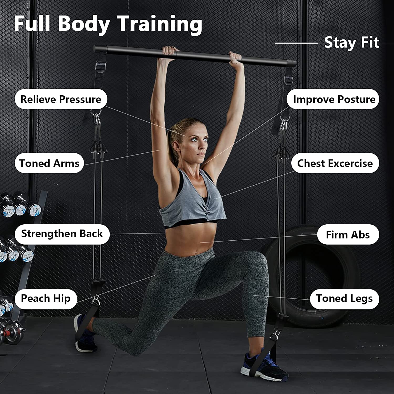 Pilates Bar Kit with Resistance Bands, Adjustable 3-Section Pilates Bar with Stackable Bands Workout Equipment for Legs,Hip,Wais