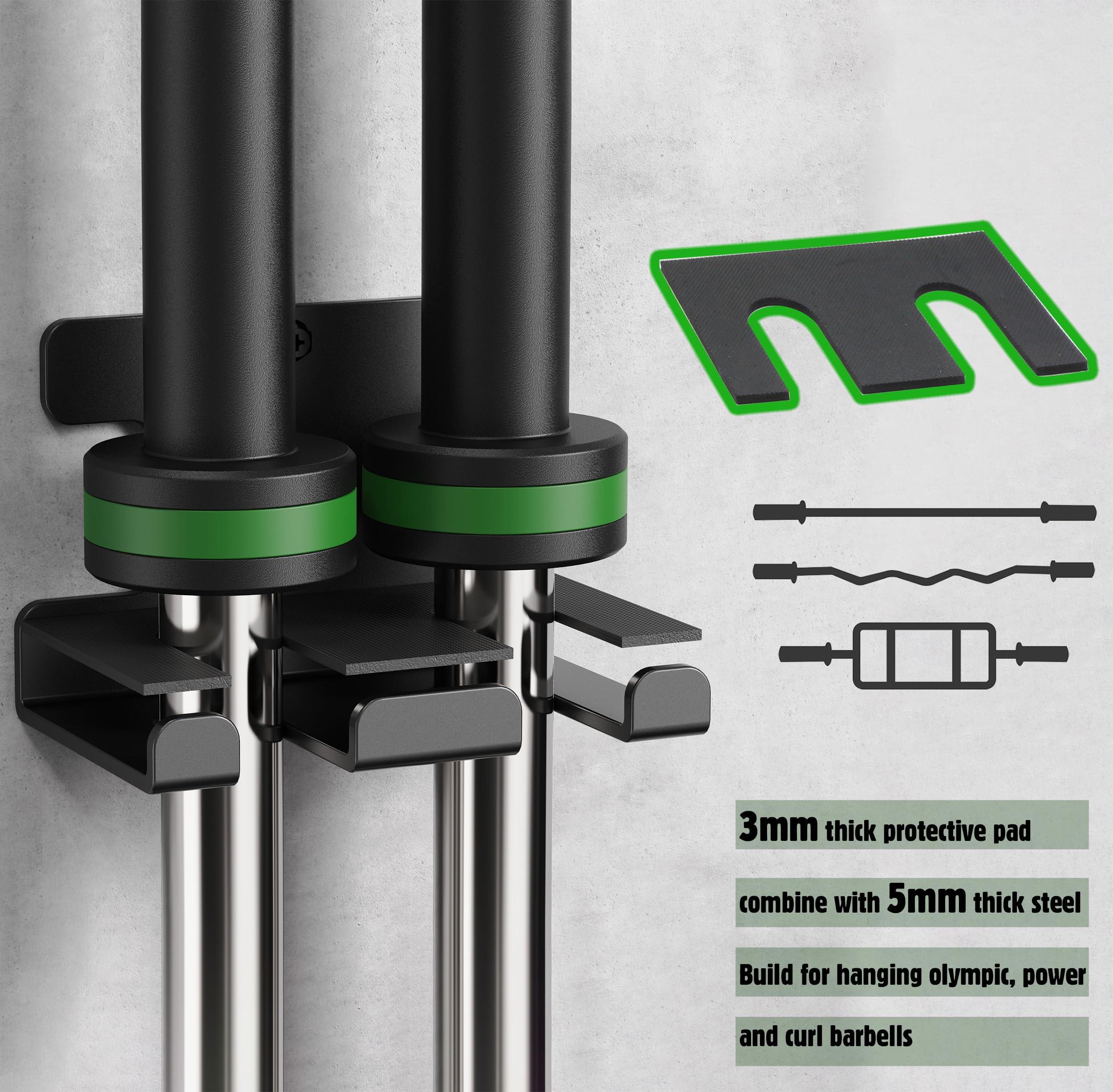 Vertical Barbell Rack Barbell Holder Wall Mount Barbell Storage Holder Olympic Bar Hanger For Home Commercial Garage Gym (Double