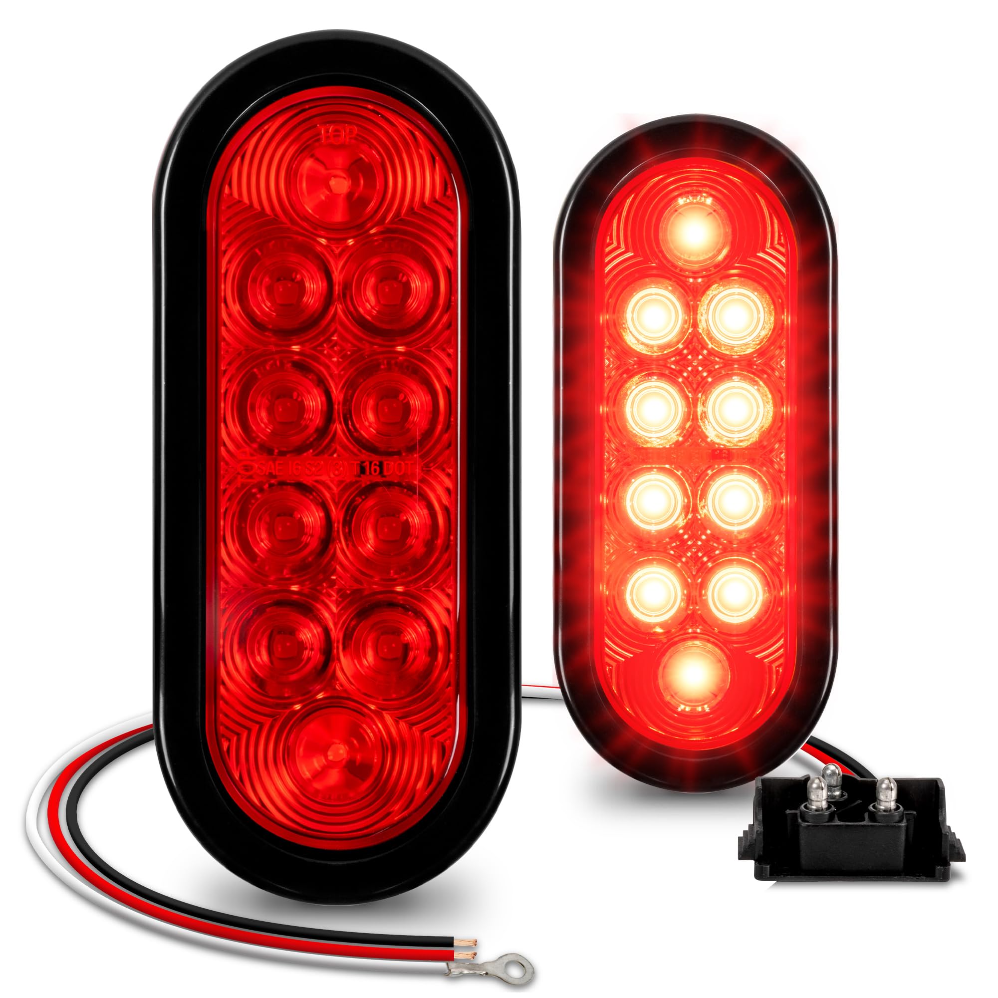 TRUE MODS 2pc 6 Red Oval LED Trailer Tail Light Kit [DOT FMVSS 108] [SAE S2TSI6P2] [Grommet & Plug] [IP67 Waterproof] [Stop Turn
