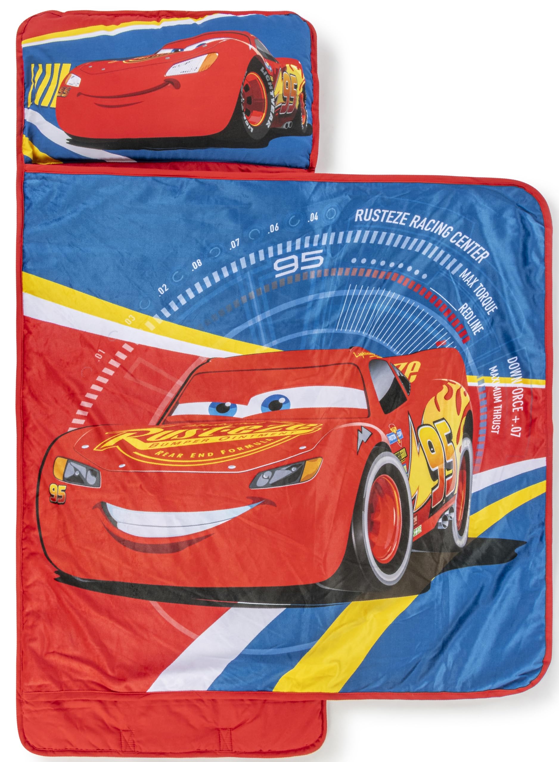 Jay Franco Kids Nap Mat with Embedded Pillow & Blanket - Soft 46x20 Microfiber Sleeping Bag with Name Tag & Handle Blue - Cars