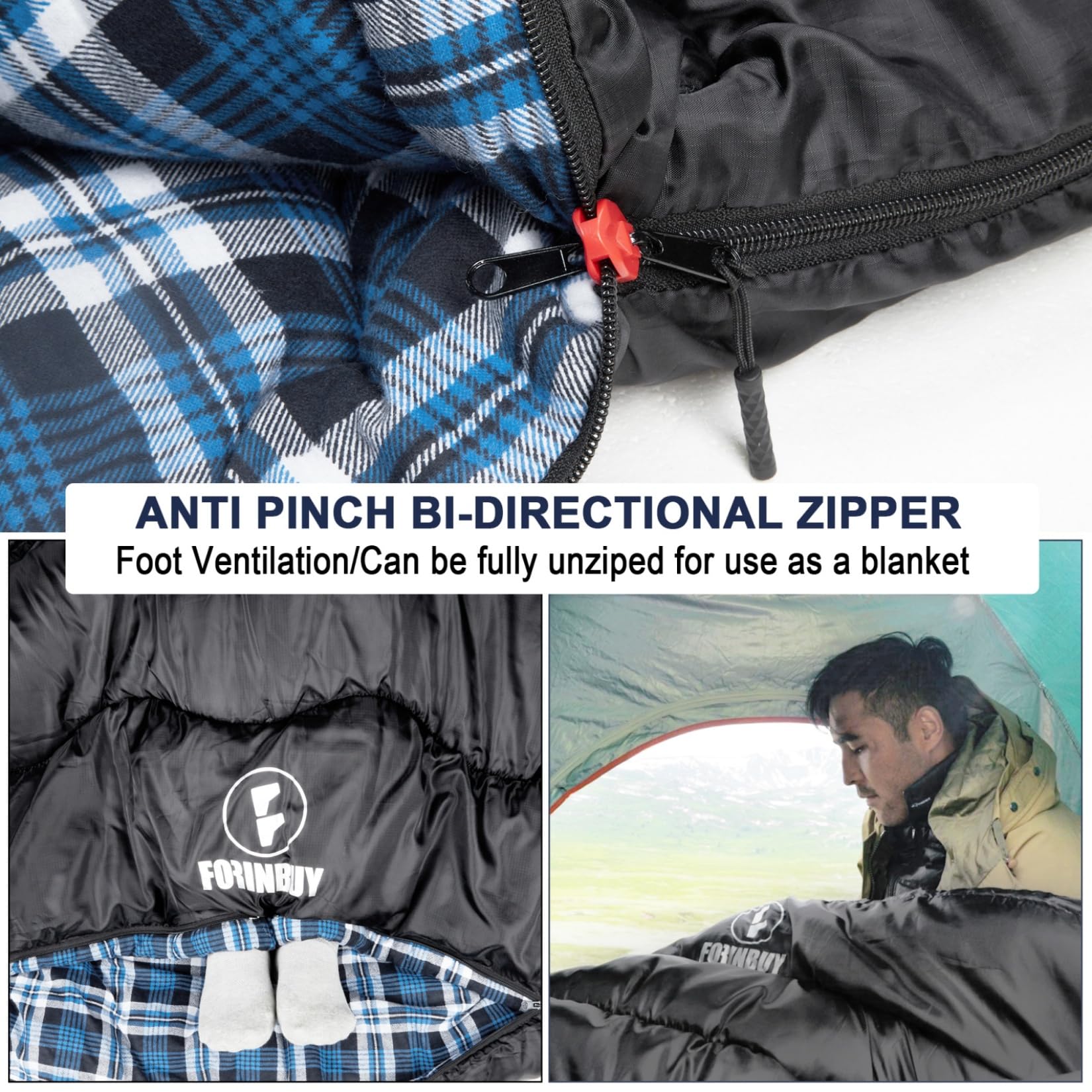 Forinbuy Winter Cotton Flannel Double Sleeping Bag,Queen Size Sleeping Bag For Adults, Cold Weather Waterproof 2 Person Sleeping