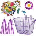 Kid's Bicycle Basket Streamers Set, Children's Bike Wire Mesh Basket with 2 Pieces Colorful Bike Streamers, Bell and 30 Pieces S