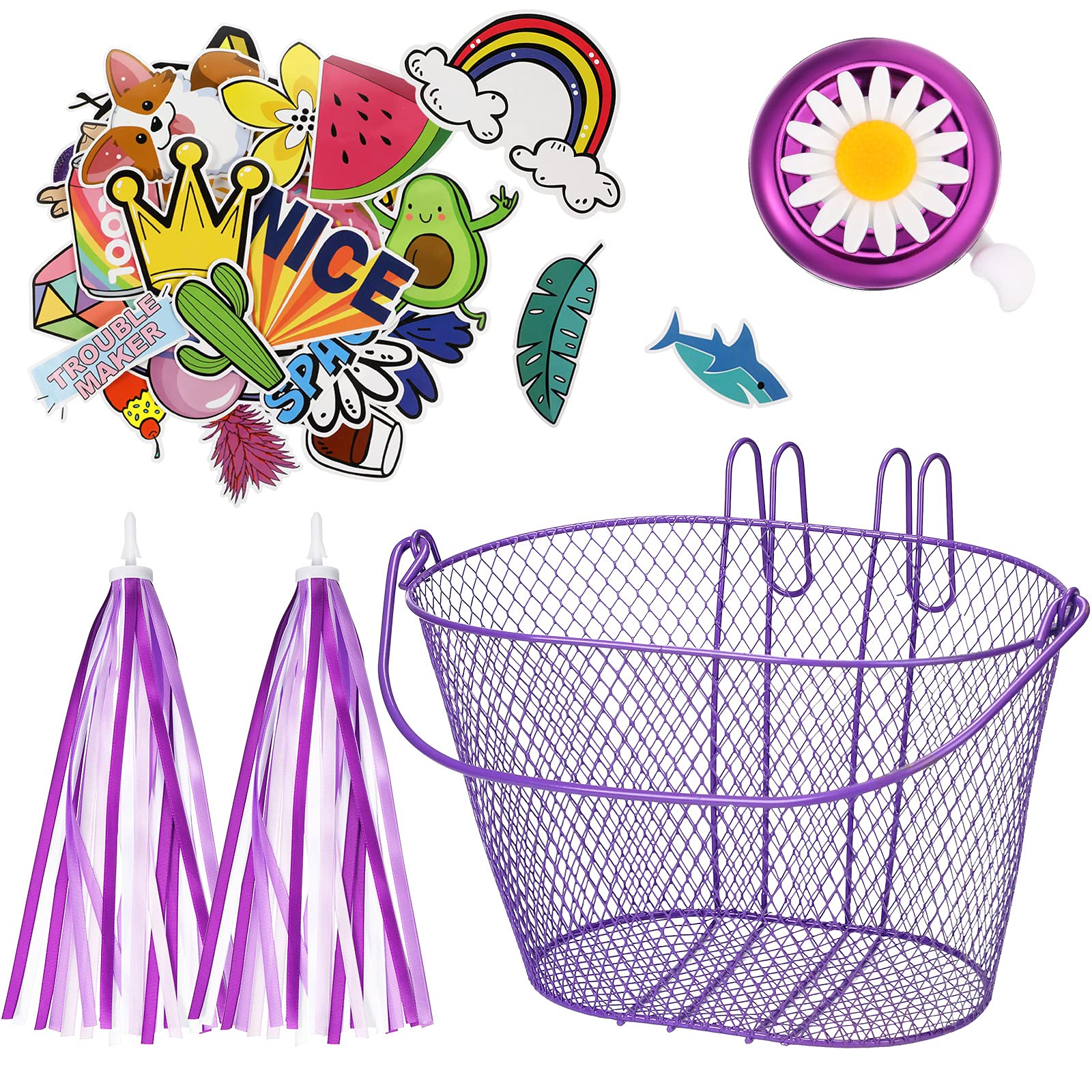 Kid's Bicycle Basket Streamers Set, Children's Bike Wire Mesh Basket with 2 Pieces Colorful Bike Streamers, Bell and 30 Pieces S