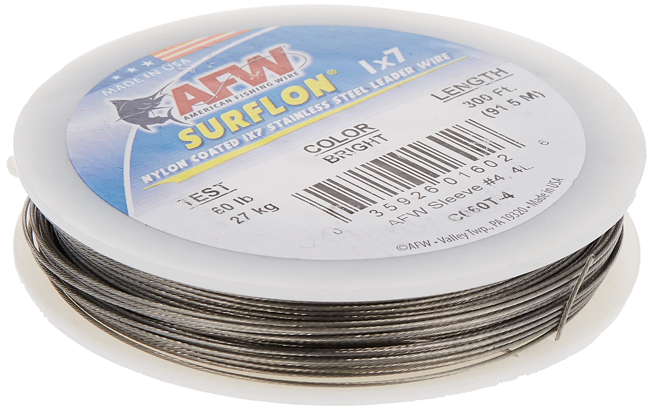 American Fishing Wire Surflon, Nylon Coated 1X7 Stainless Steel Leader Wire, 60 Lb Test, .032 Diameter, Bright, 300 Ft