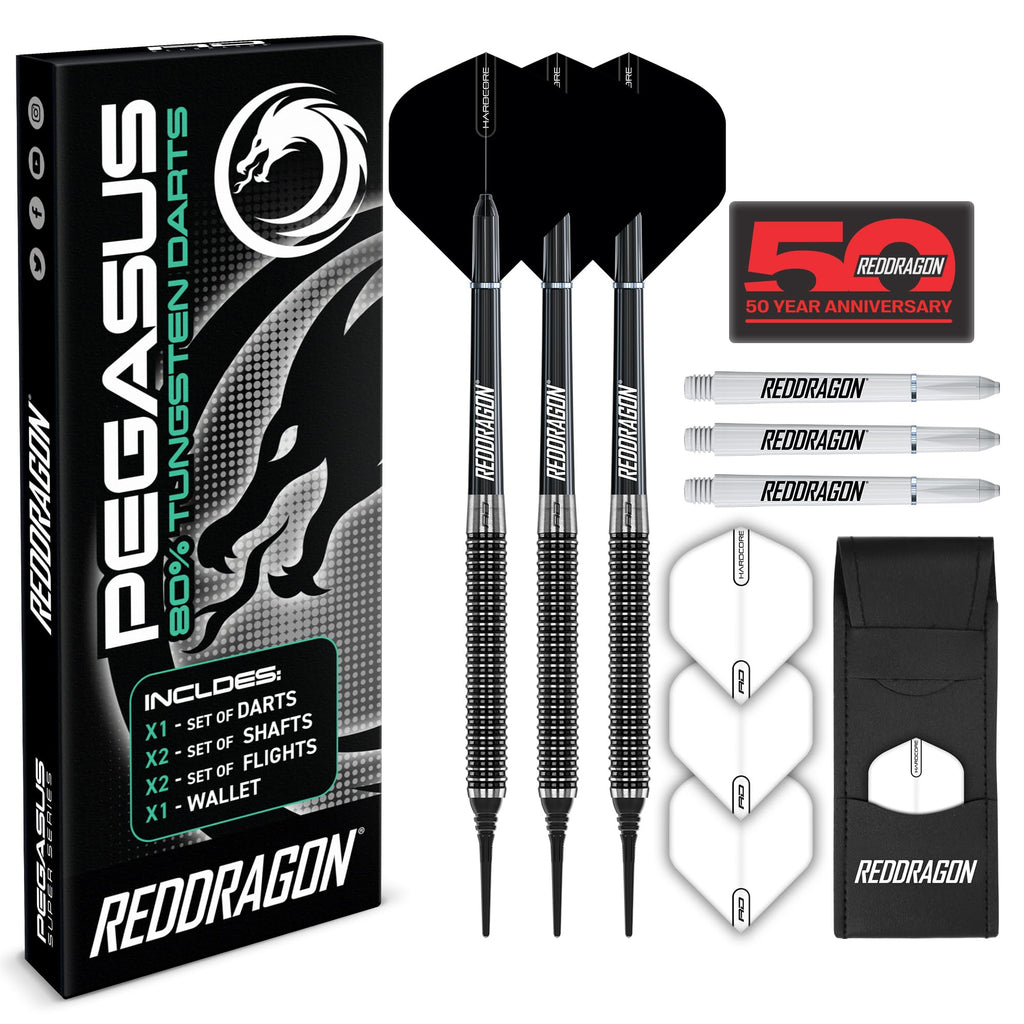 Red Dragon Pegasus Soft Tip: 20G - Tungsten Darts Set With White Stems, White Flights And Case