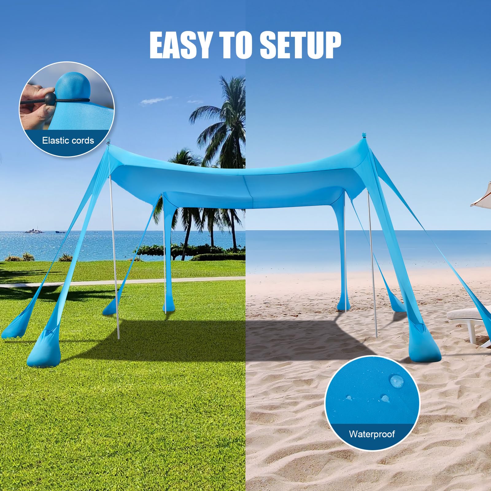 Beach Tent Sun Shelter, Beach Shade Canopy Upf50+, 10X10Ft Canopy Tent With 8 Sandbags, Sand Shovels, Ground Pegs & Stability Po