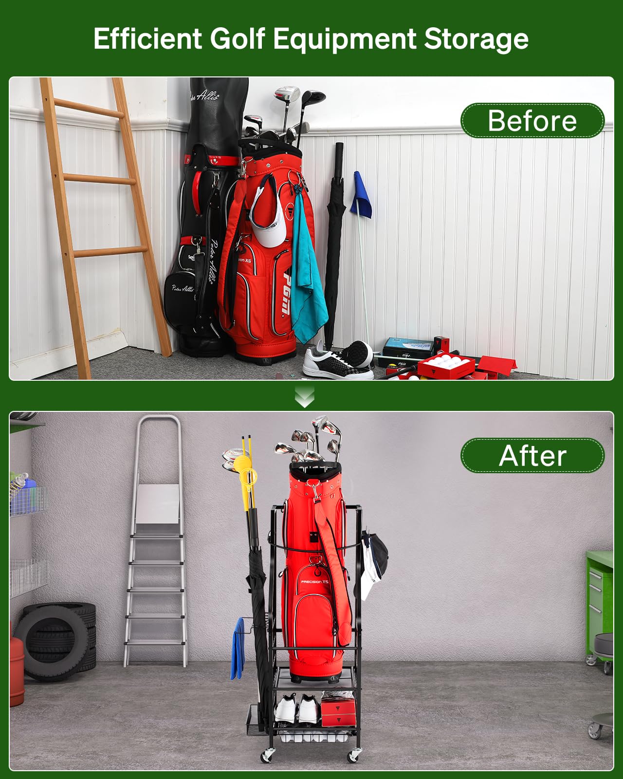 Fhxzh Golf Bag Storage Rack For Garage, Organizer Stand For Golf Accessories And Equipment, Golf Club, Shed, Basement