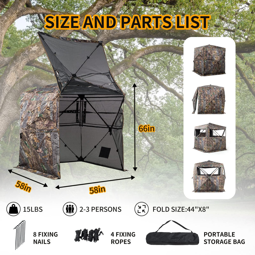 Funhorun Hunting Blind 360 Degree See Through Ground Blind With Carrying Bag, 2/3 Person Pop Up Camouflage Tent Portable Conceal